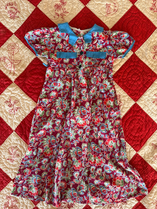 1940s burgundy floral housecoat dress