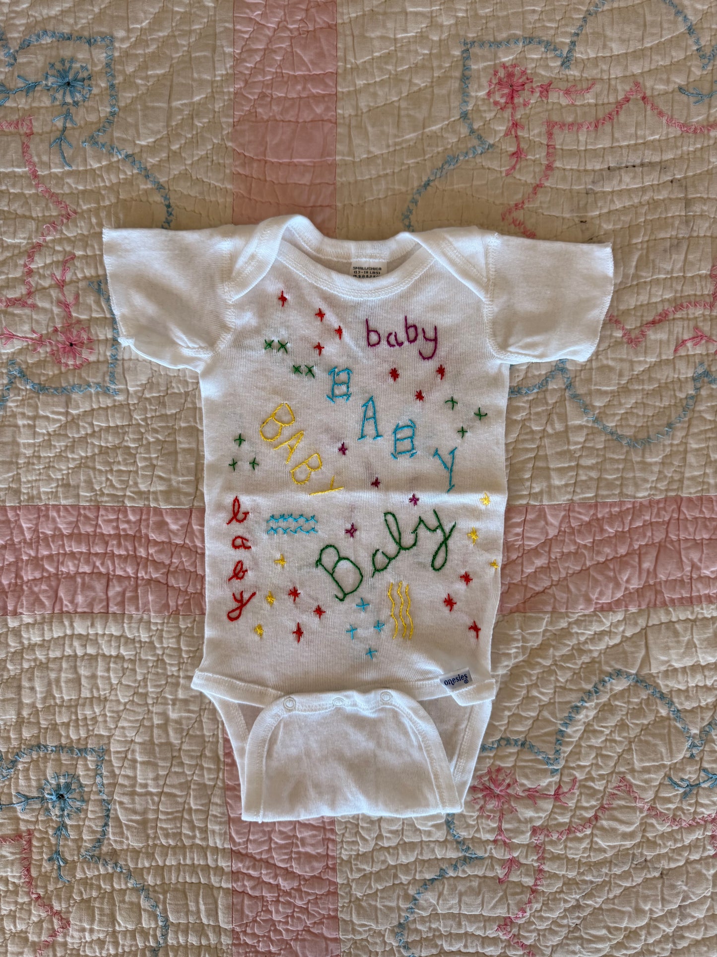 MADE BY KID GLOVES : hand embroidered baby baby baby onesie