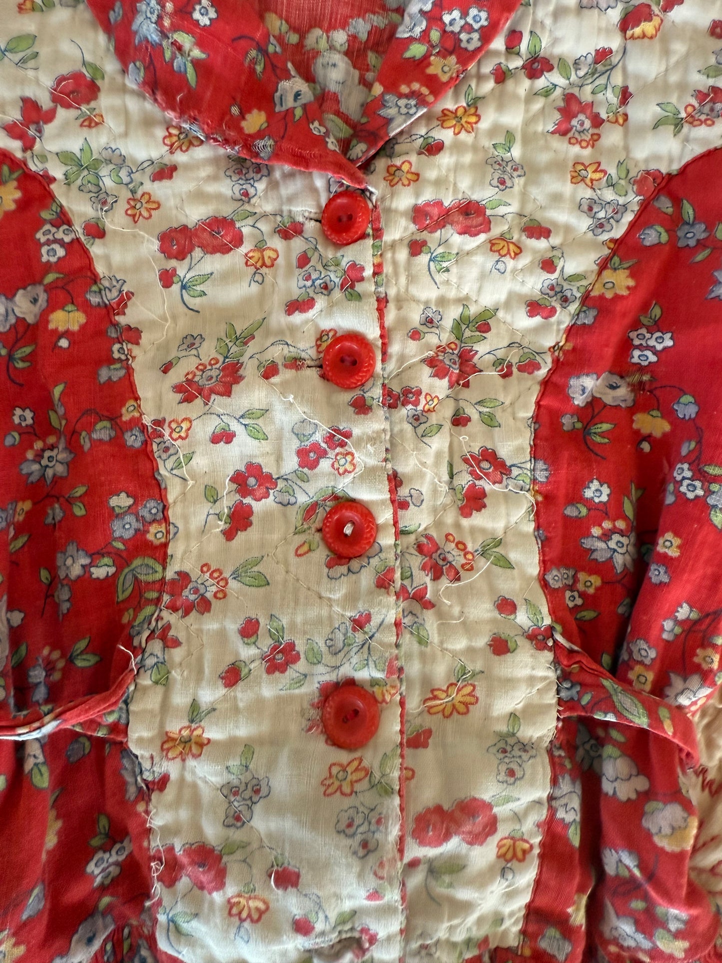 1940s quilted red housecoat dress