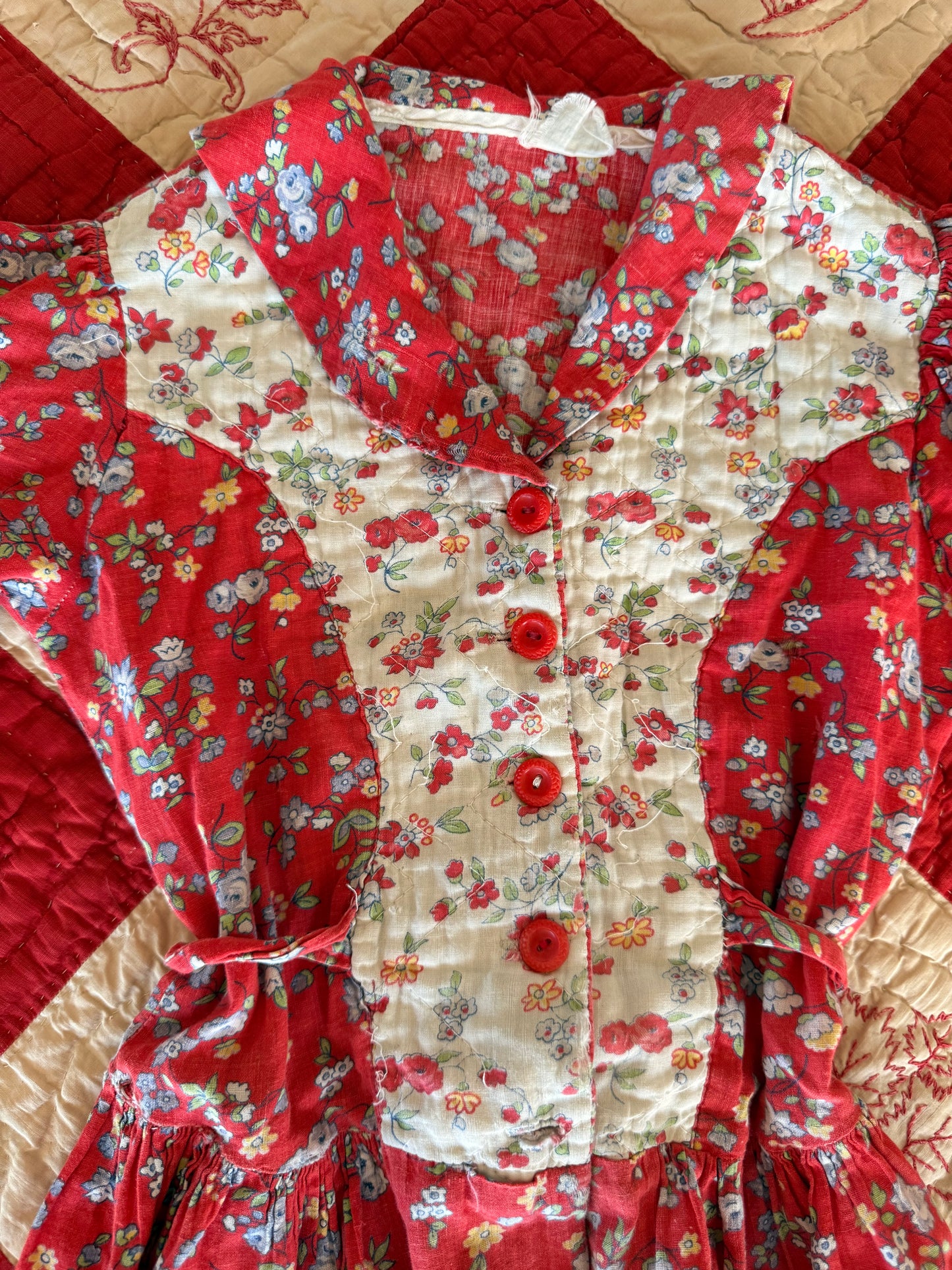 1940s quilted red housecoat dress