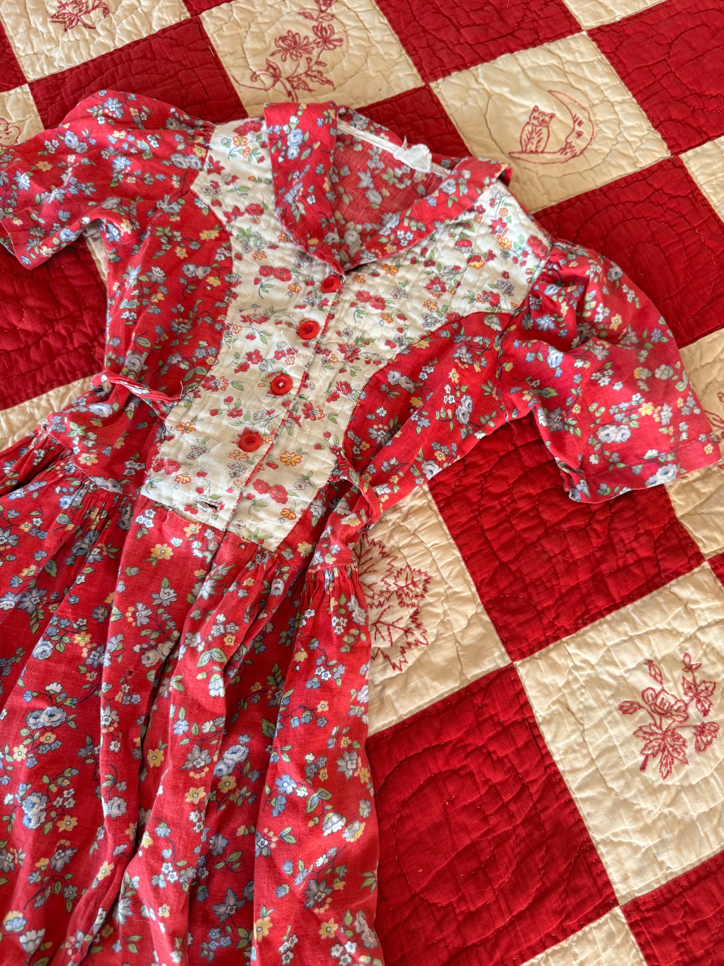 1940s quilted red housecoat dress