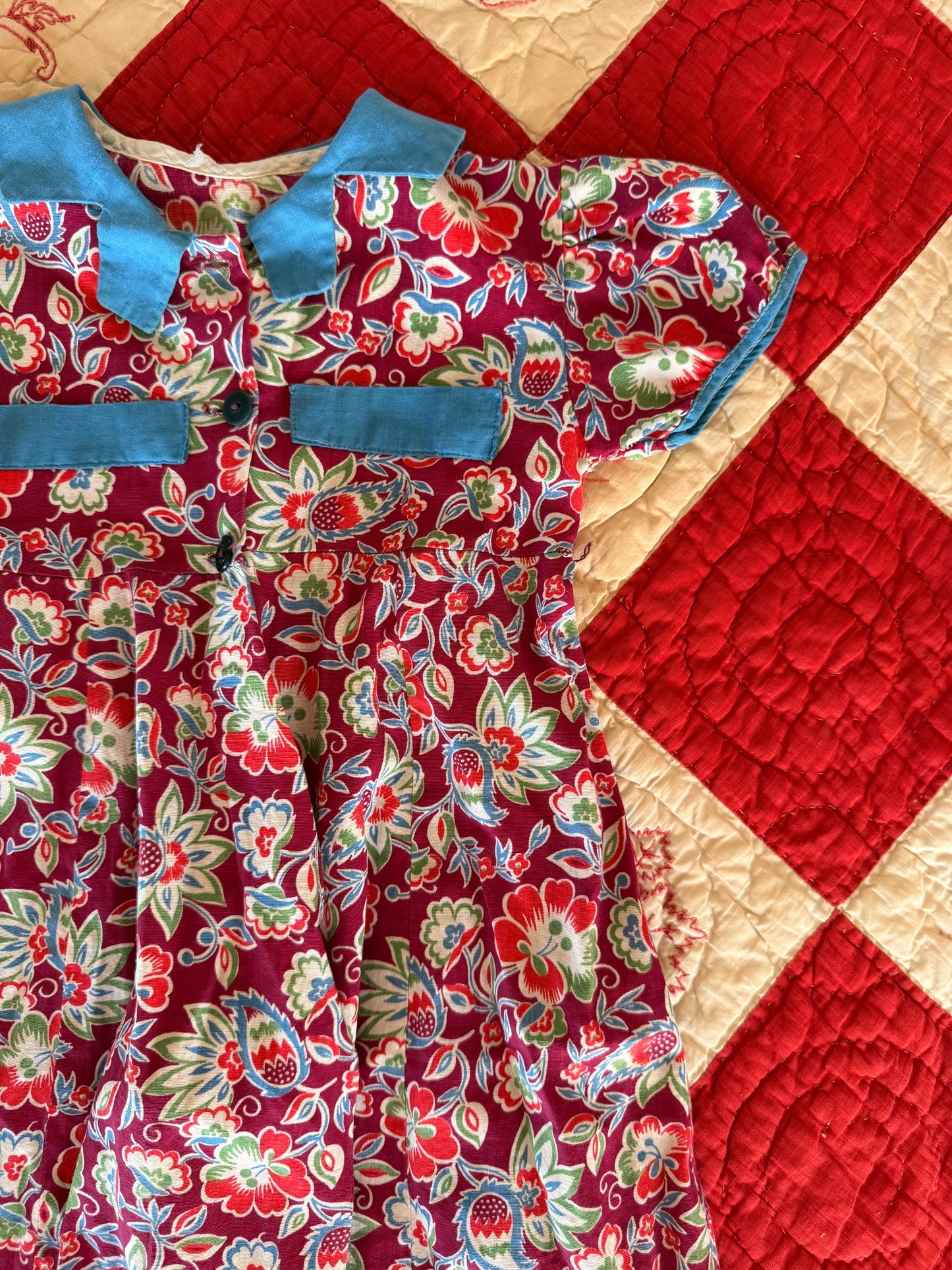 1940s burgundy floral housecoat dress