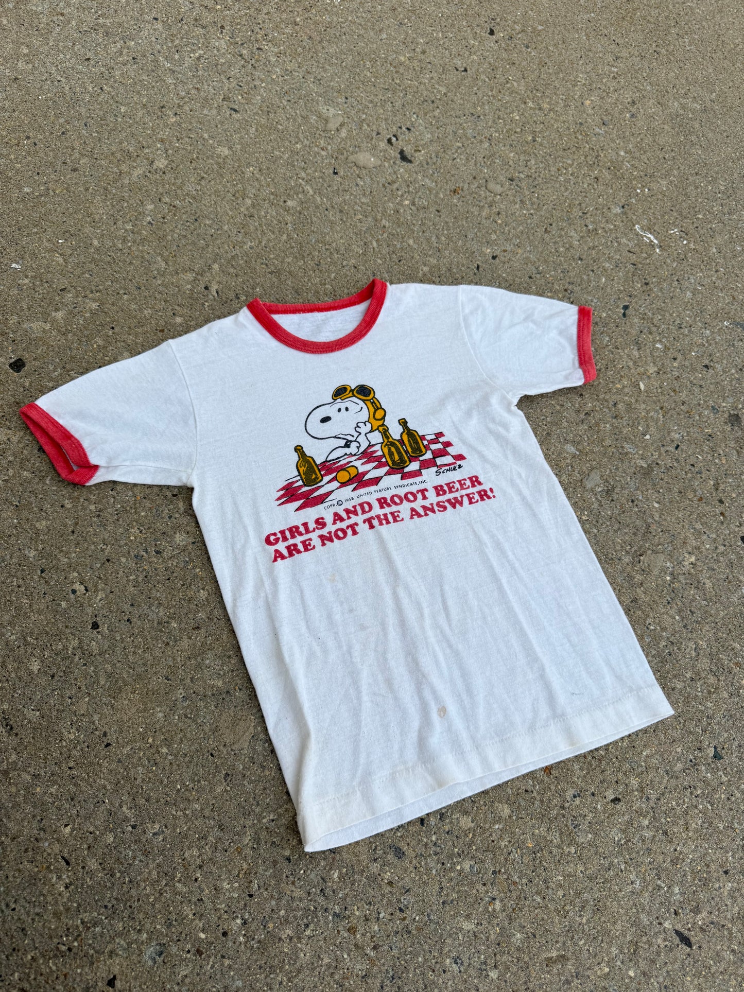 1960s peanuts snoopy tee, girls and rootbeer