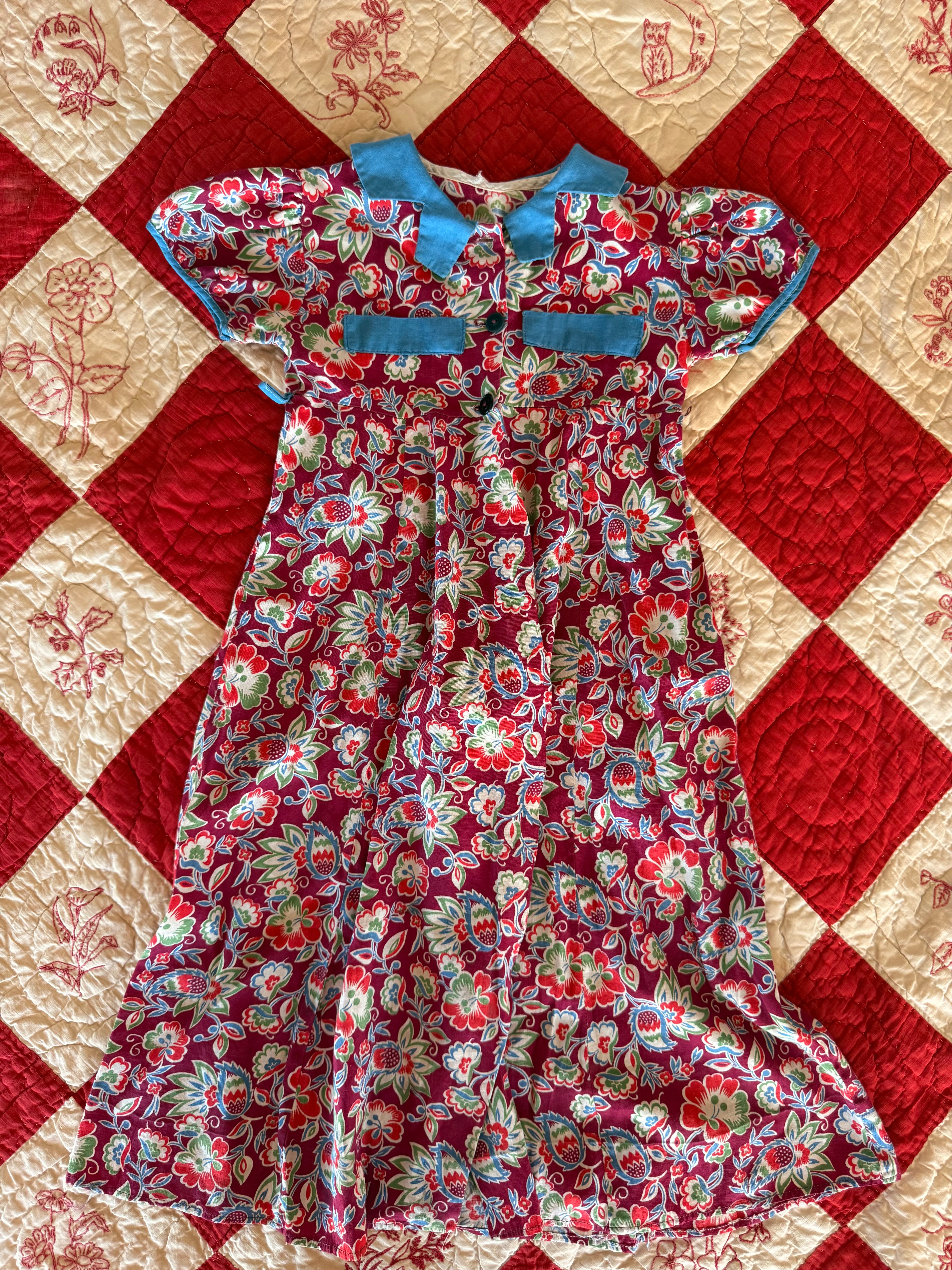 1940s burgundy floral housecoat dress
