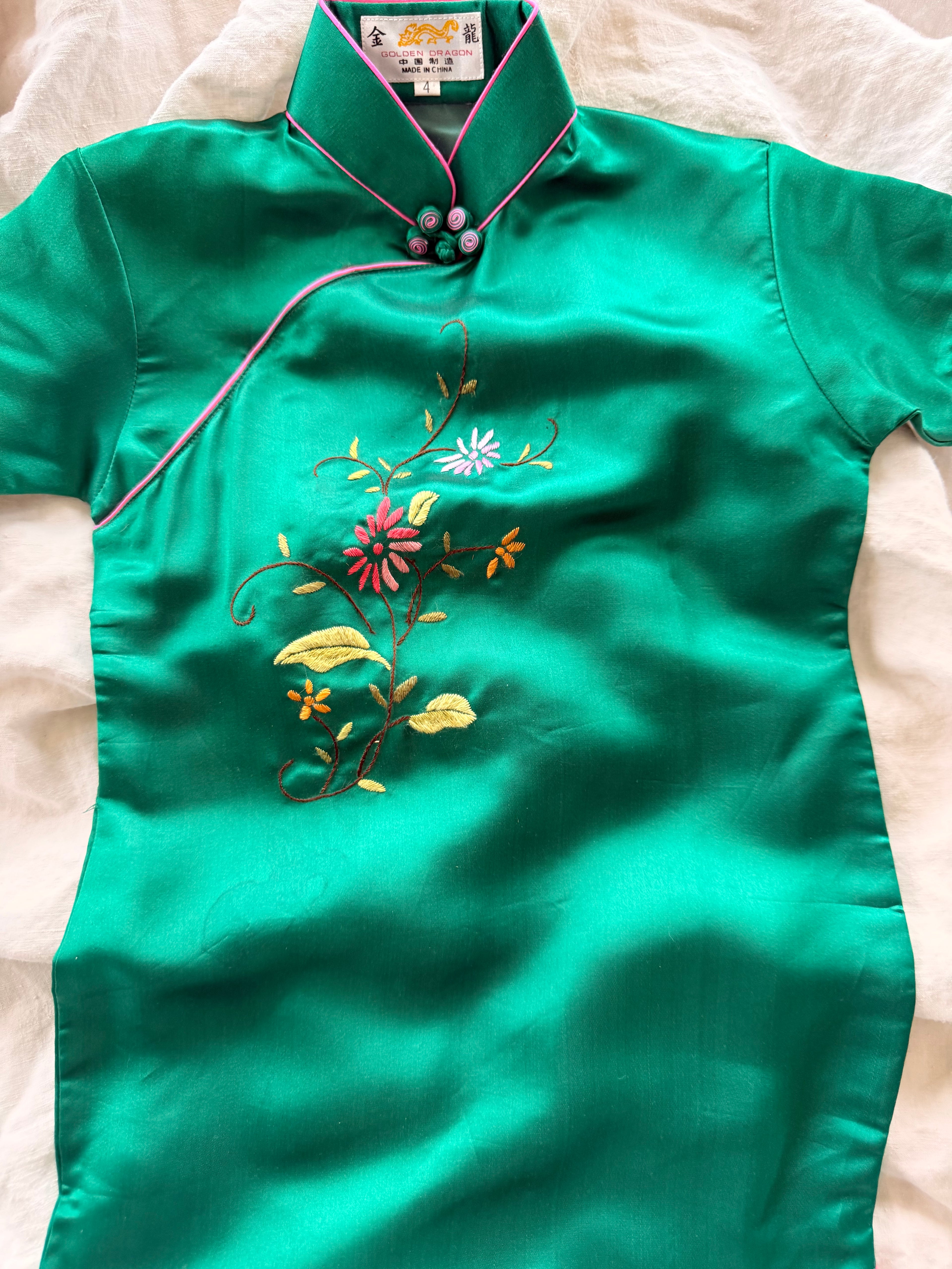 1990s chinese green satin embroidered dress