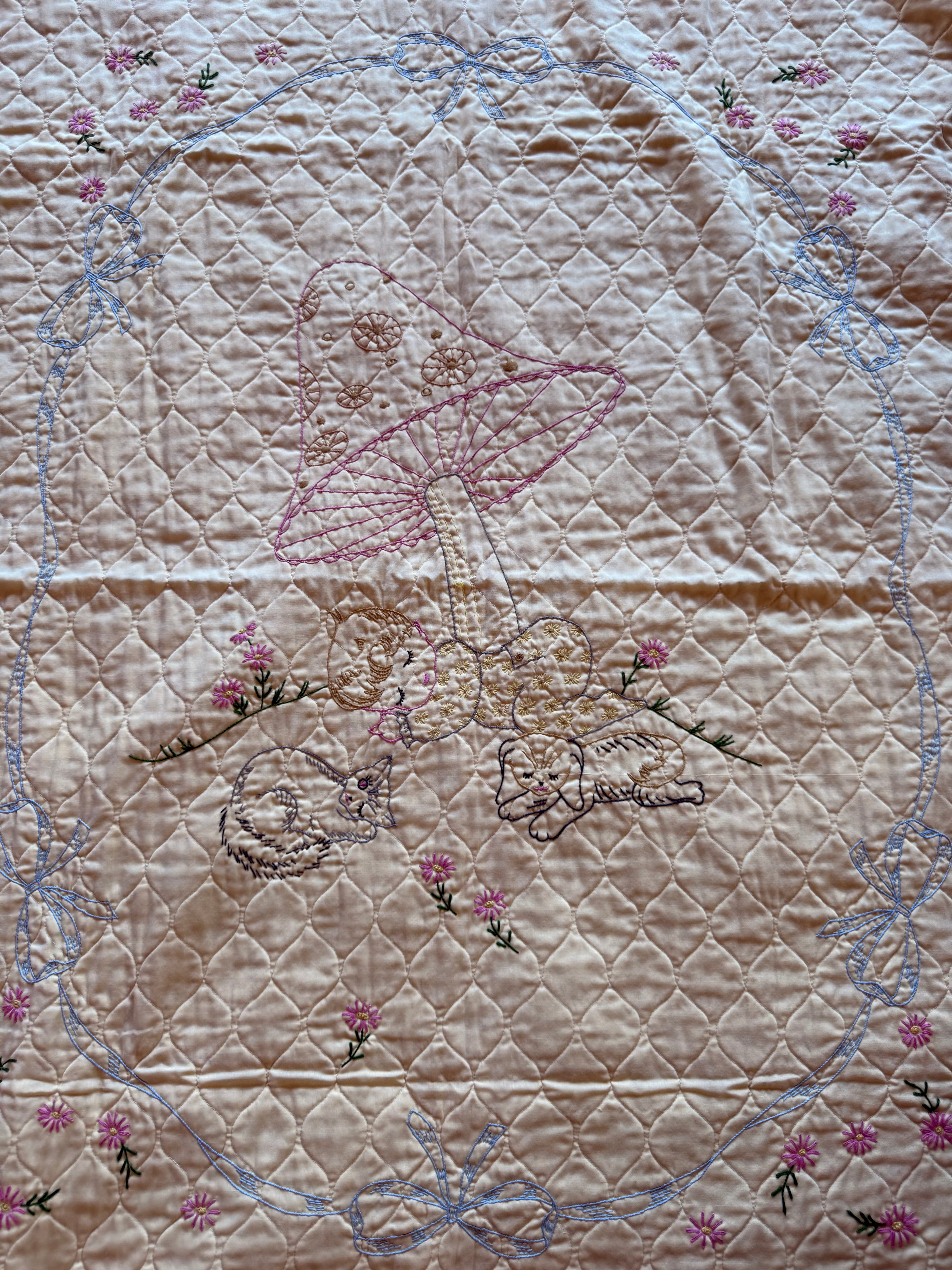 1970s mushroom baby embroidered crib quilt, yellow