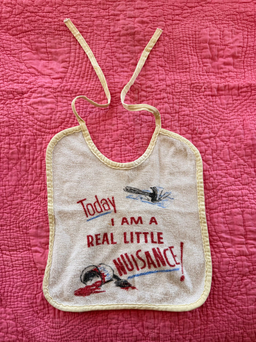1960s double sided baby bib, little lamb/ little nuisance
