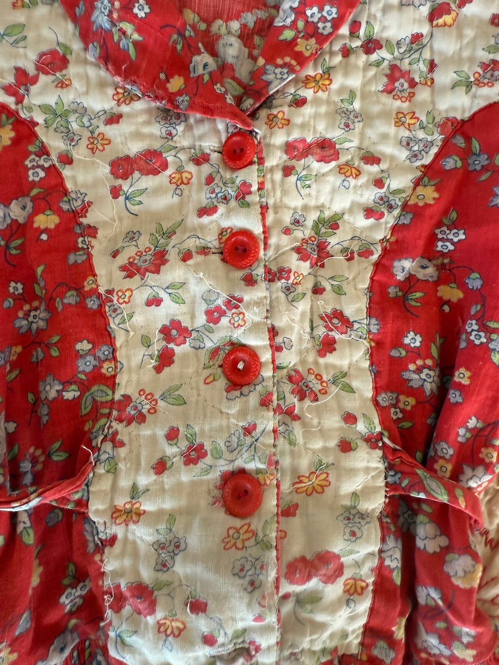 1940s quilted red housecoat dress