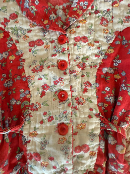1940s quilted red housecoat dress