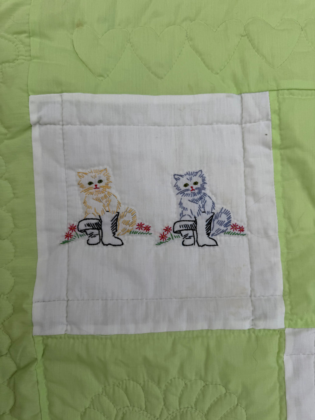 1970s embroidered nursery rhyme crib quilt