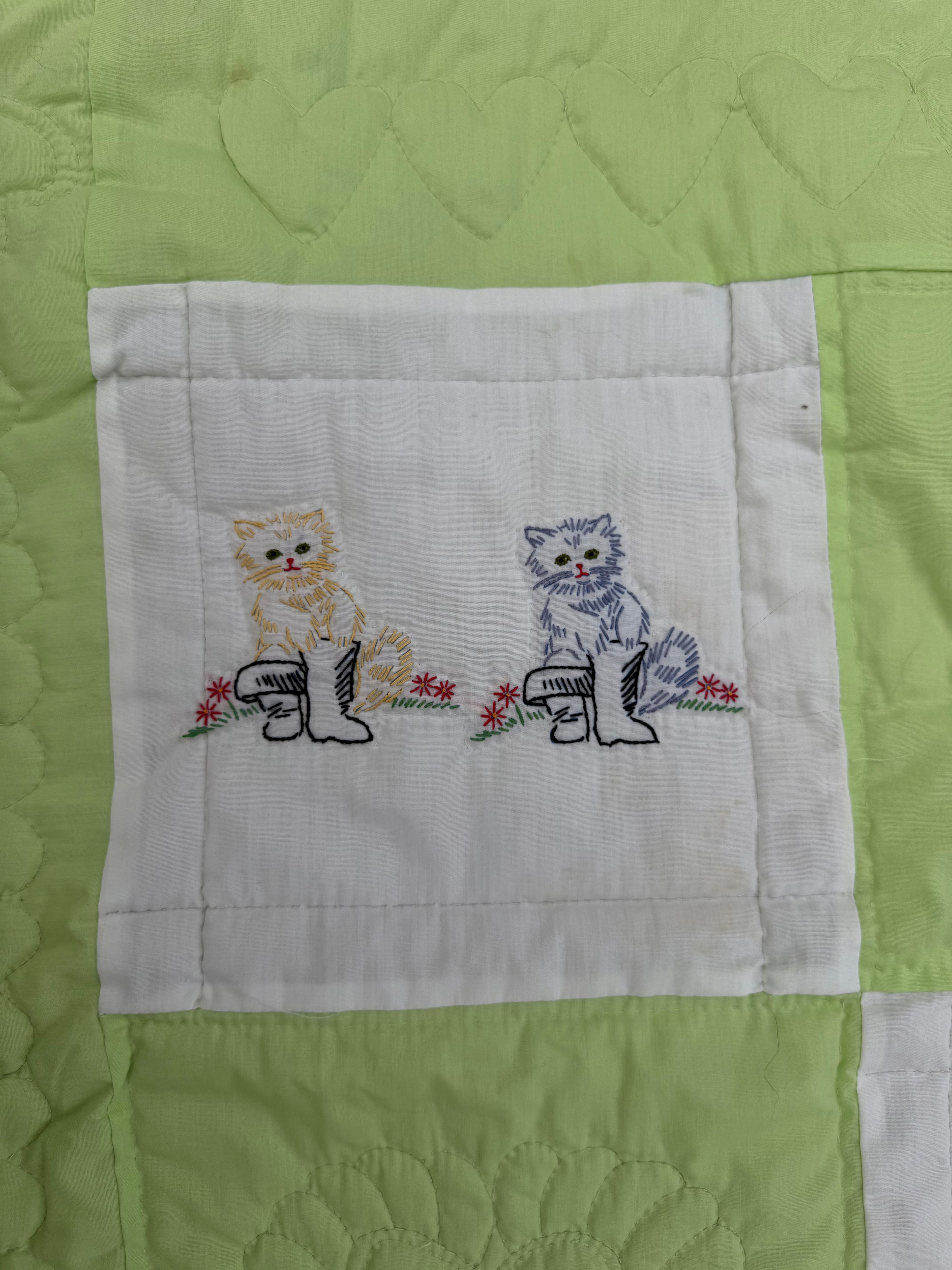 1970s embroidered nursery rhyme crib quilt