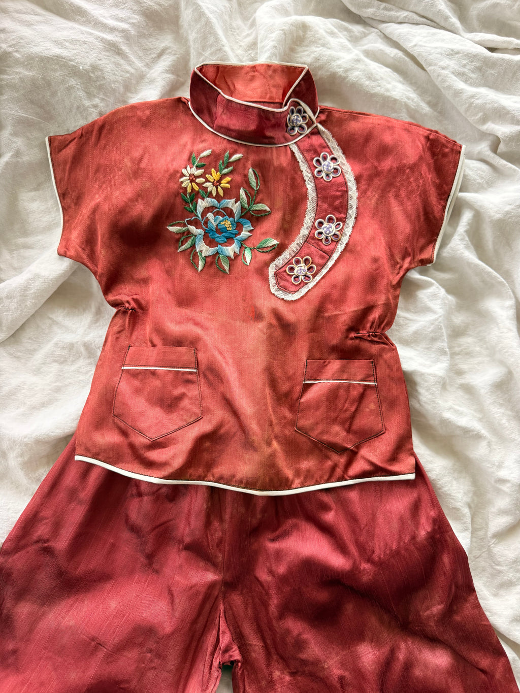 1960s chinese rust silk satin lounge set