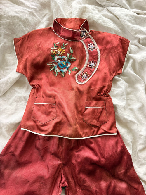 1960s chinese rust silk satin lounge set