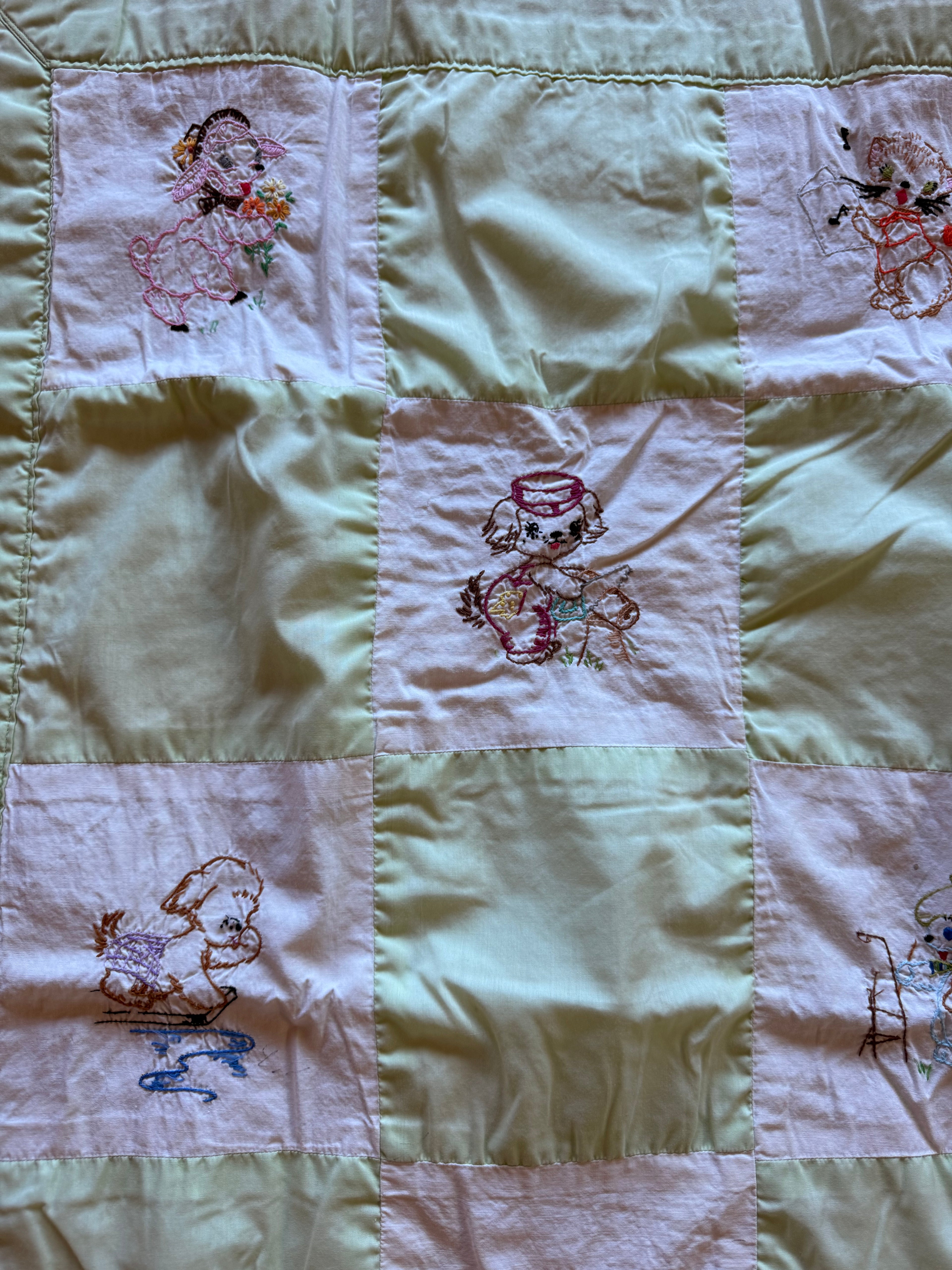 1960s happy little animals embroidered crib quilt