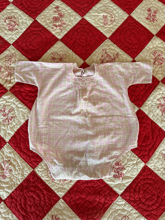 1930s smocked pink plaid romper