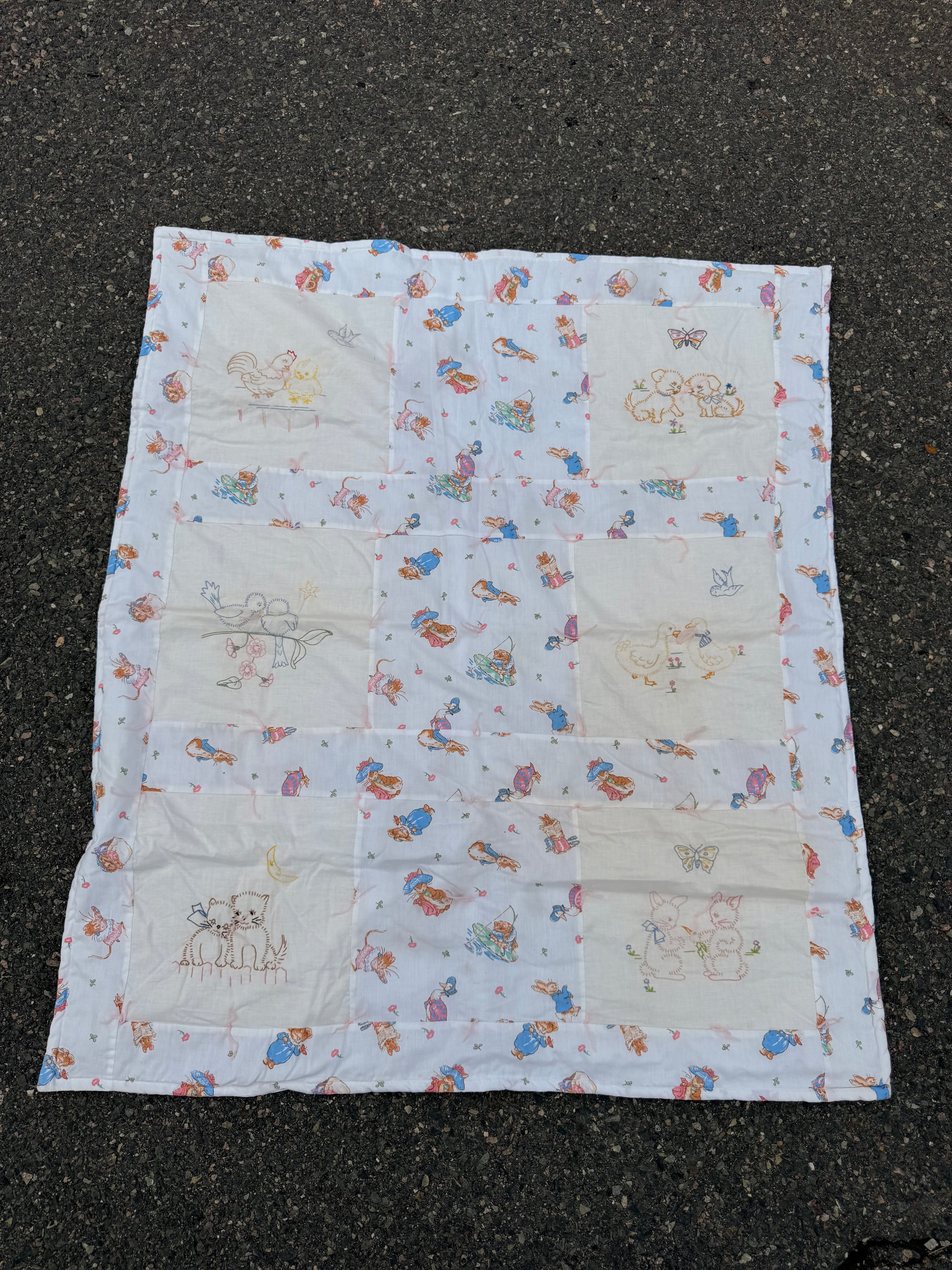 1980s embroidered beatrix potter crib quilt