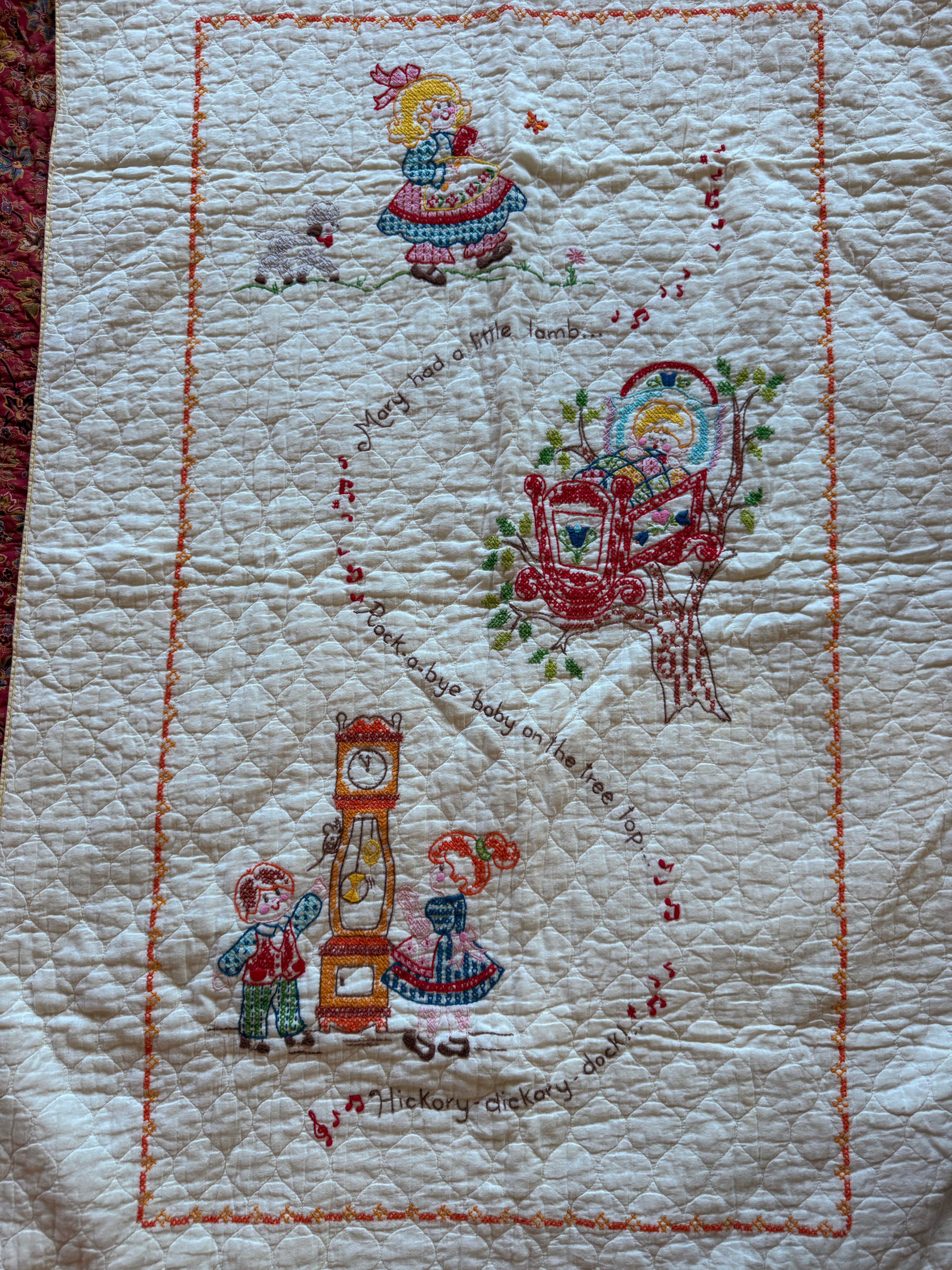 1970s nursery rhyme cross stitch crib quilt