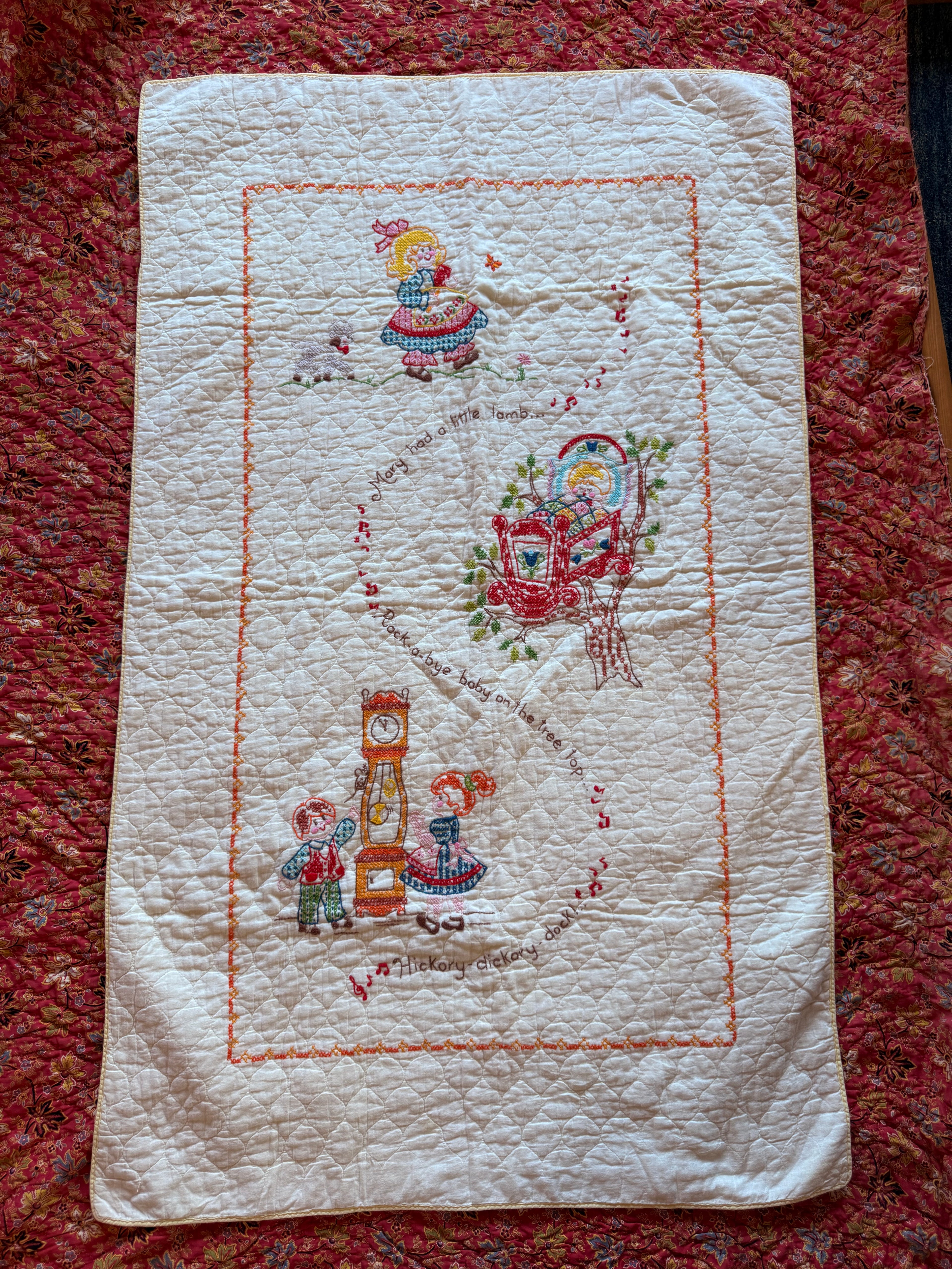 1970s nursery rhyme cross stitch crib quilt