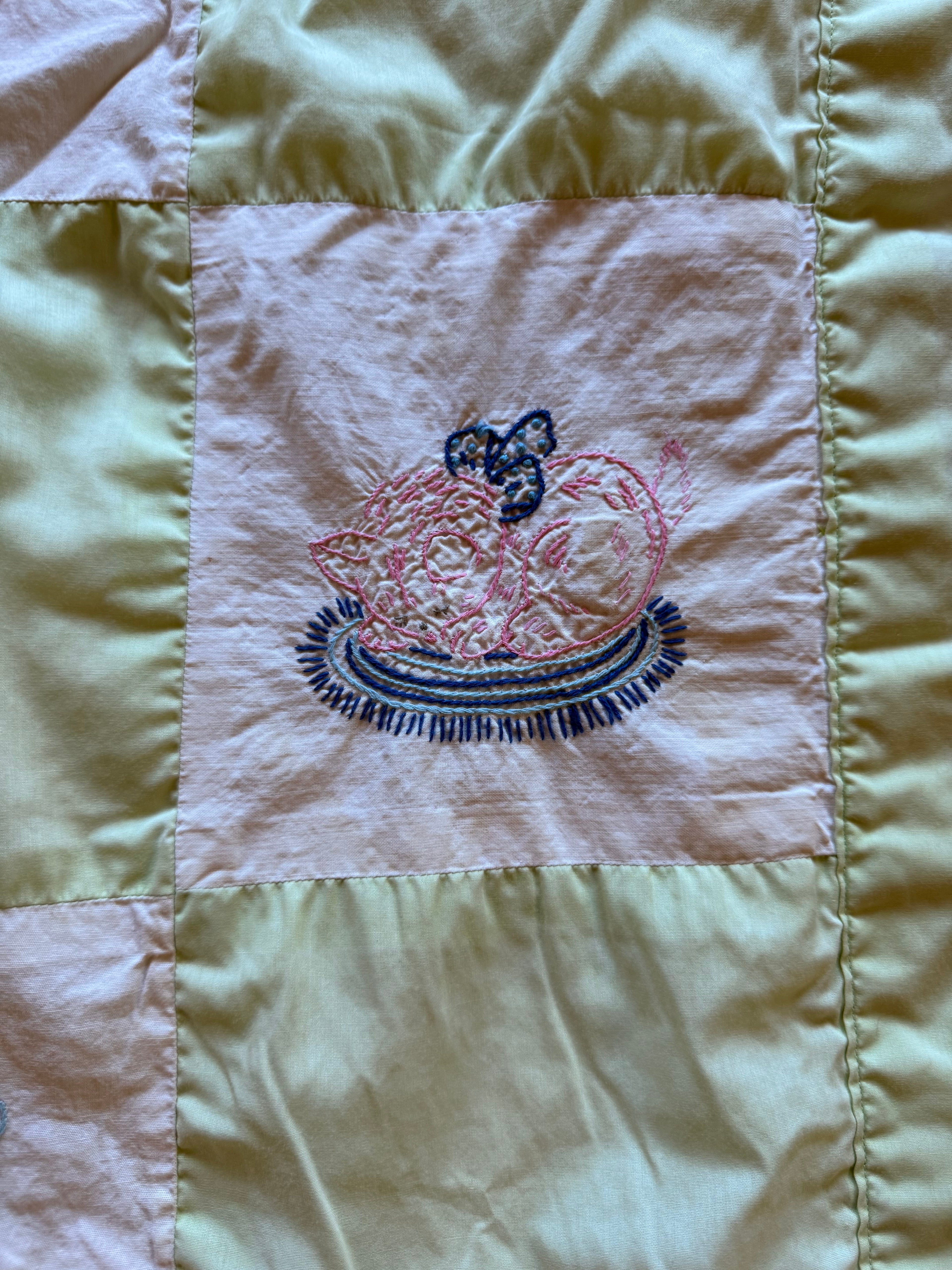 1960s happy little animals embroidered crib quilt