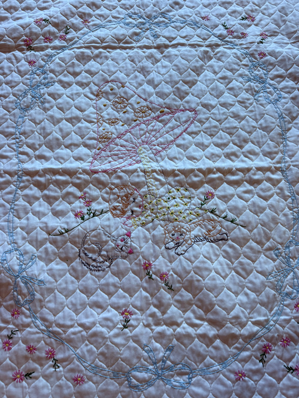 1970s embroidered mushroom baby quilt, white