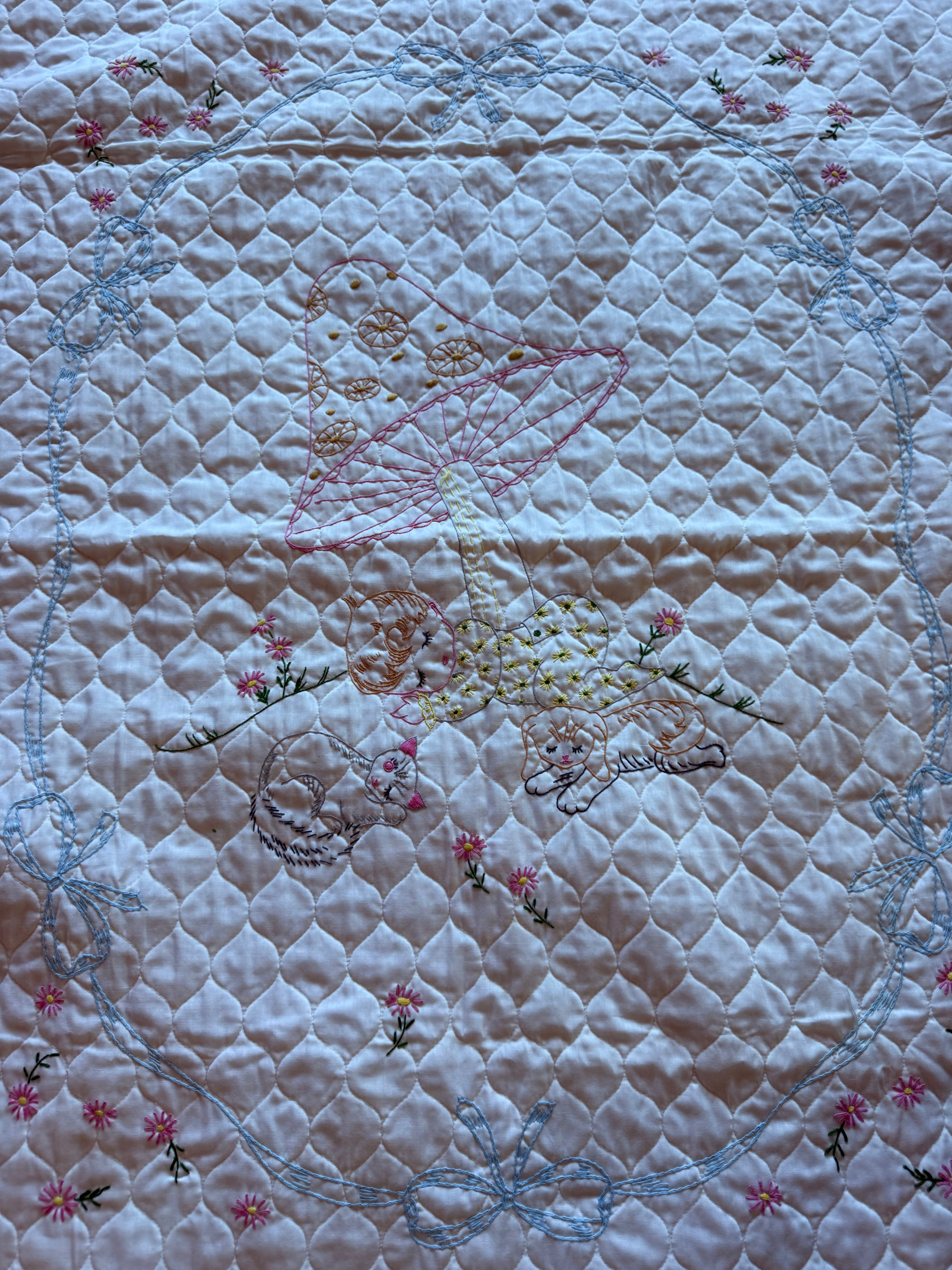 1970s embroidered mushroom baby quilt, white