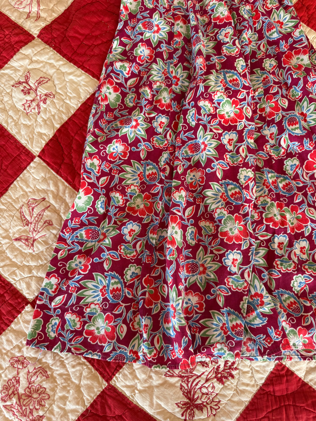 1940s burgundy floral housecoat dress