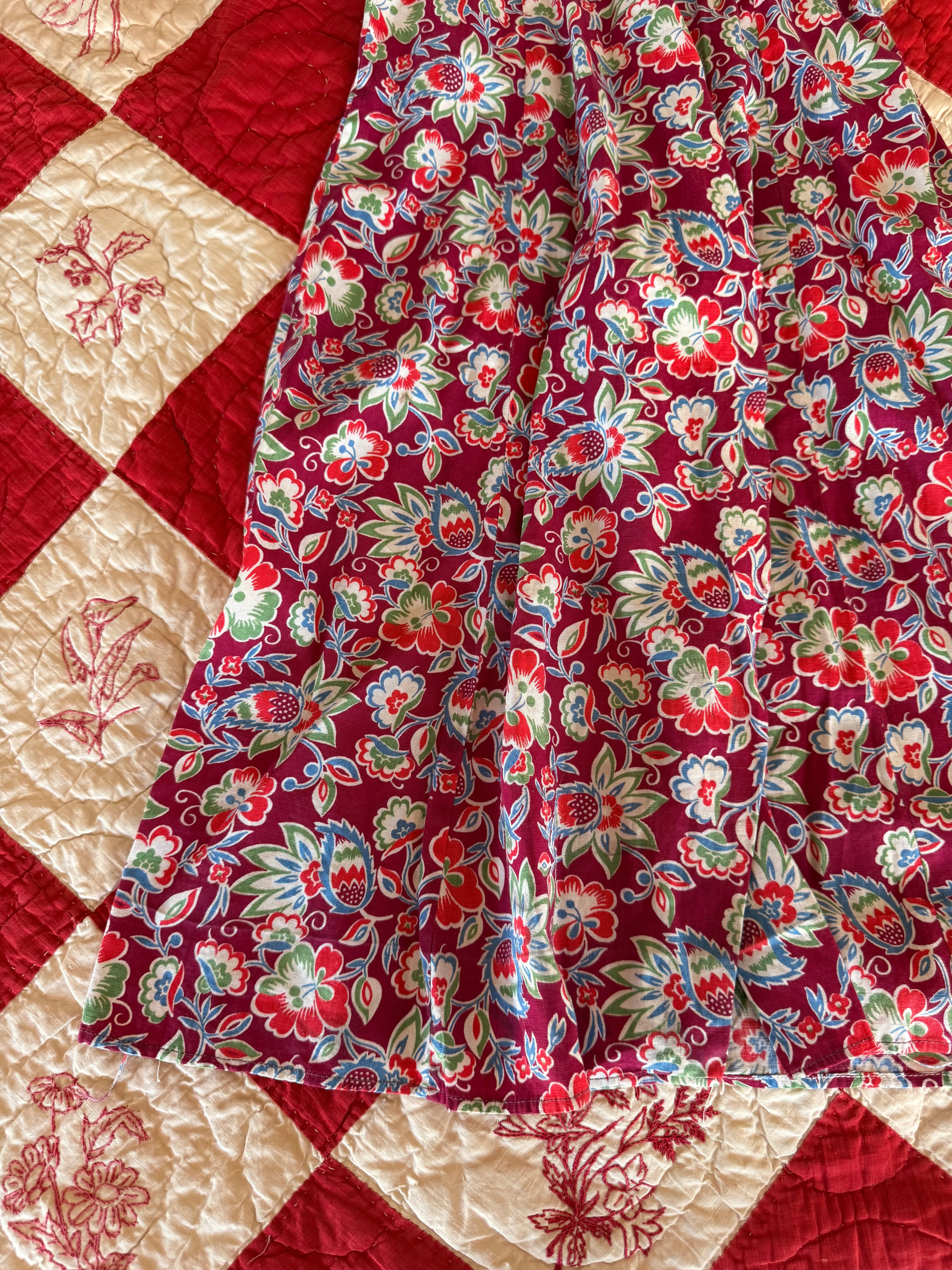 1940s burgundy floral housecoat dress