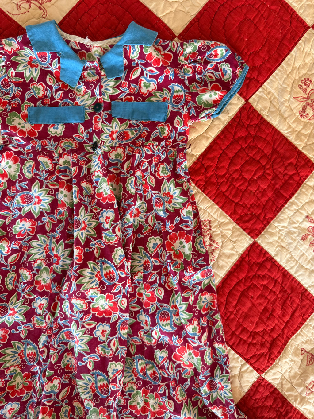 1940s burgundy floral housecoat dress