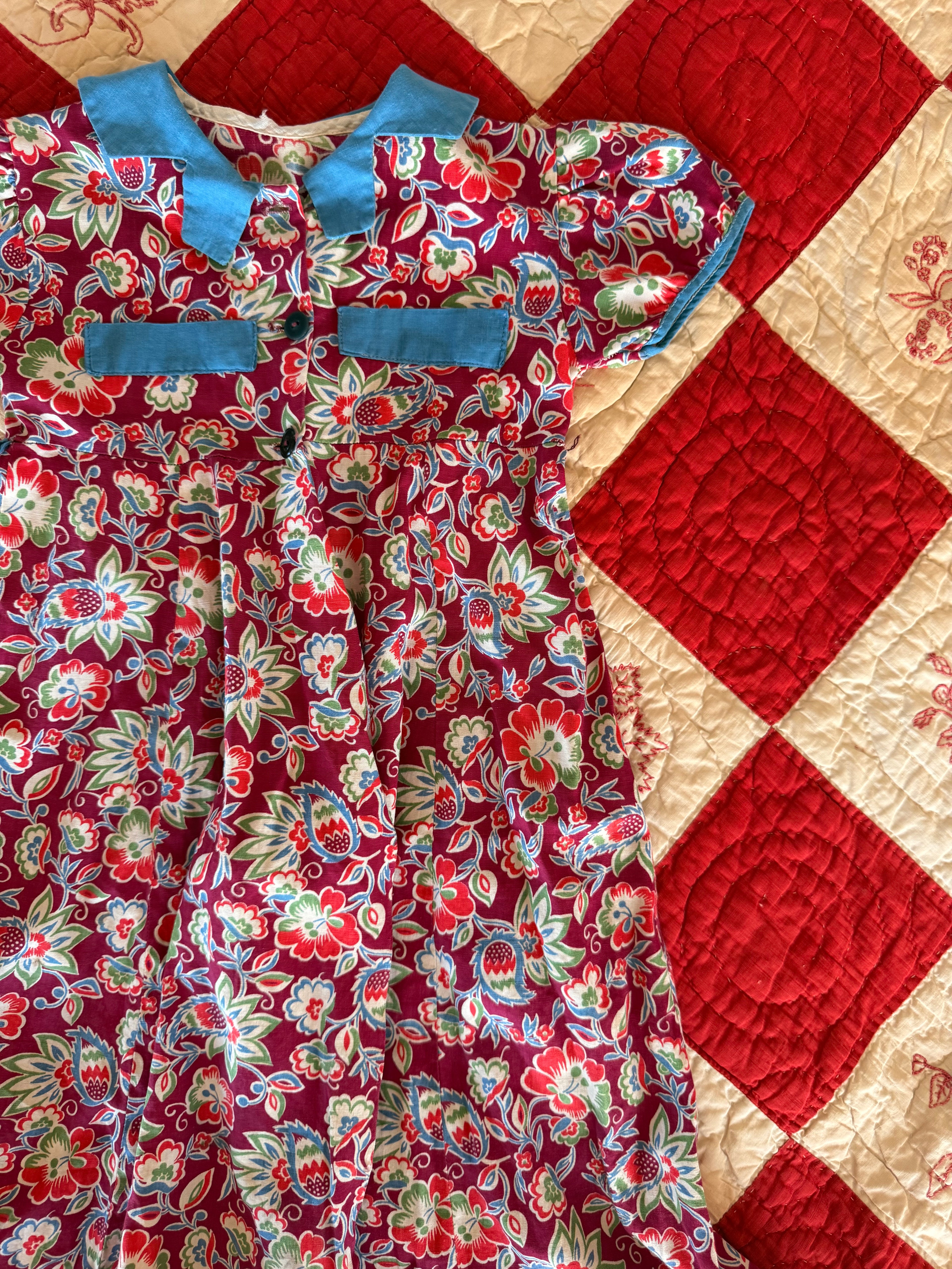 1940s burgundy floral housecoat dress