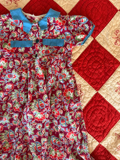 1940s burgundy floral housecoat dress