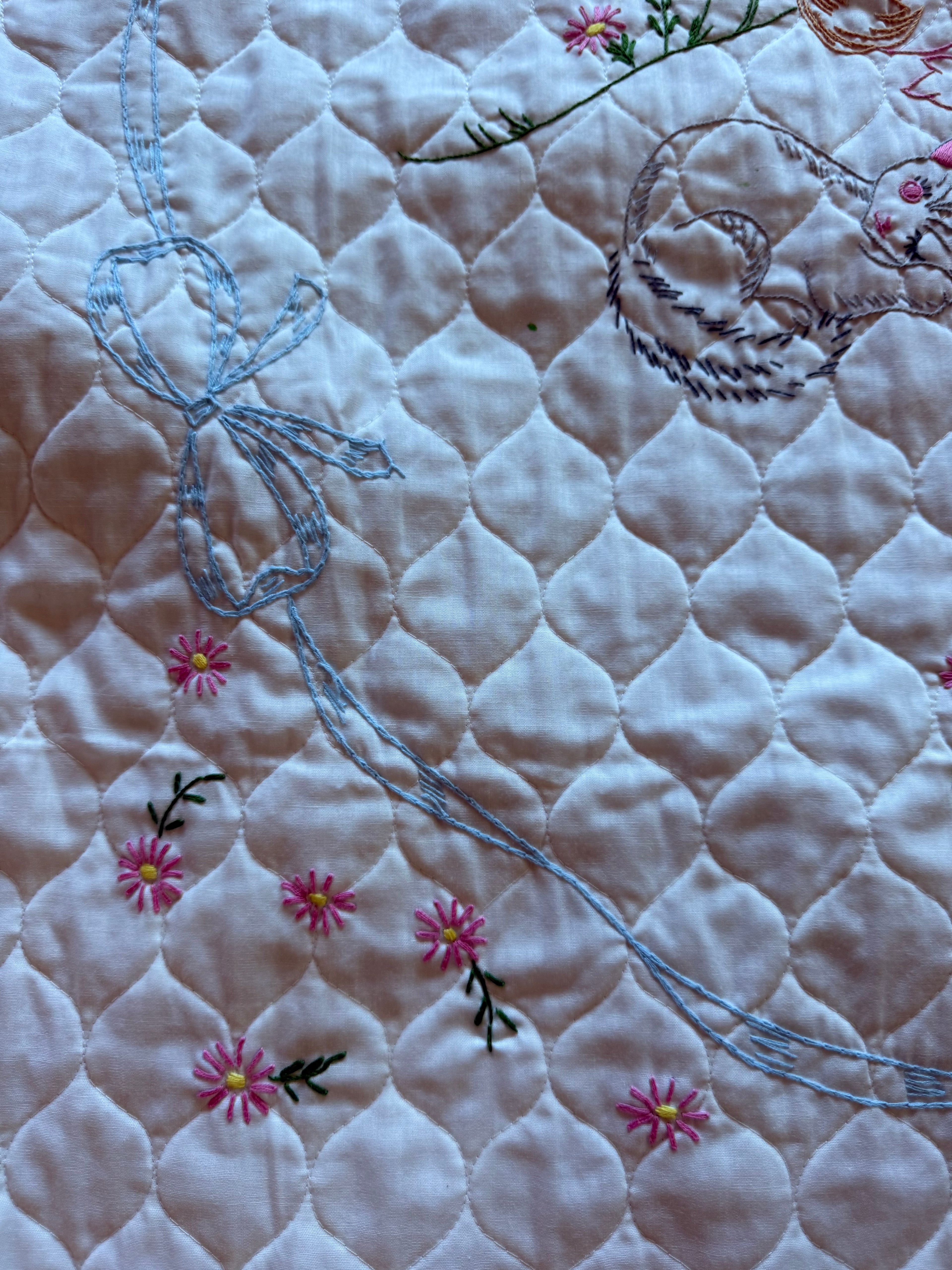 1970s embroidered mushroom baby quilt, white