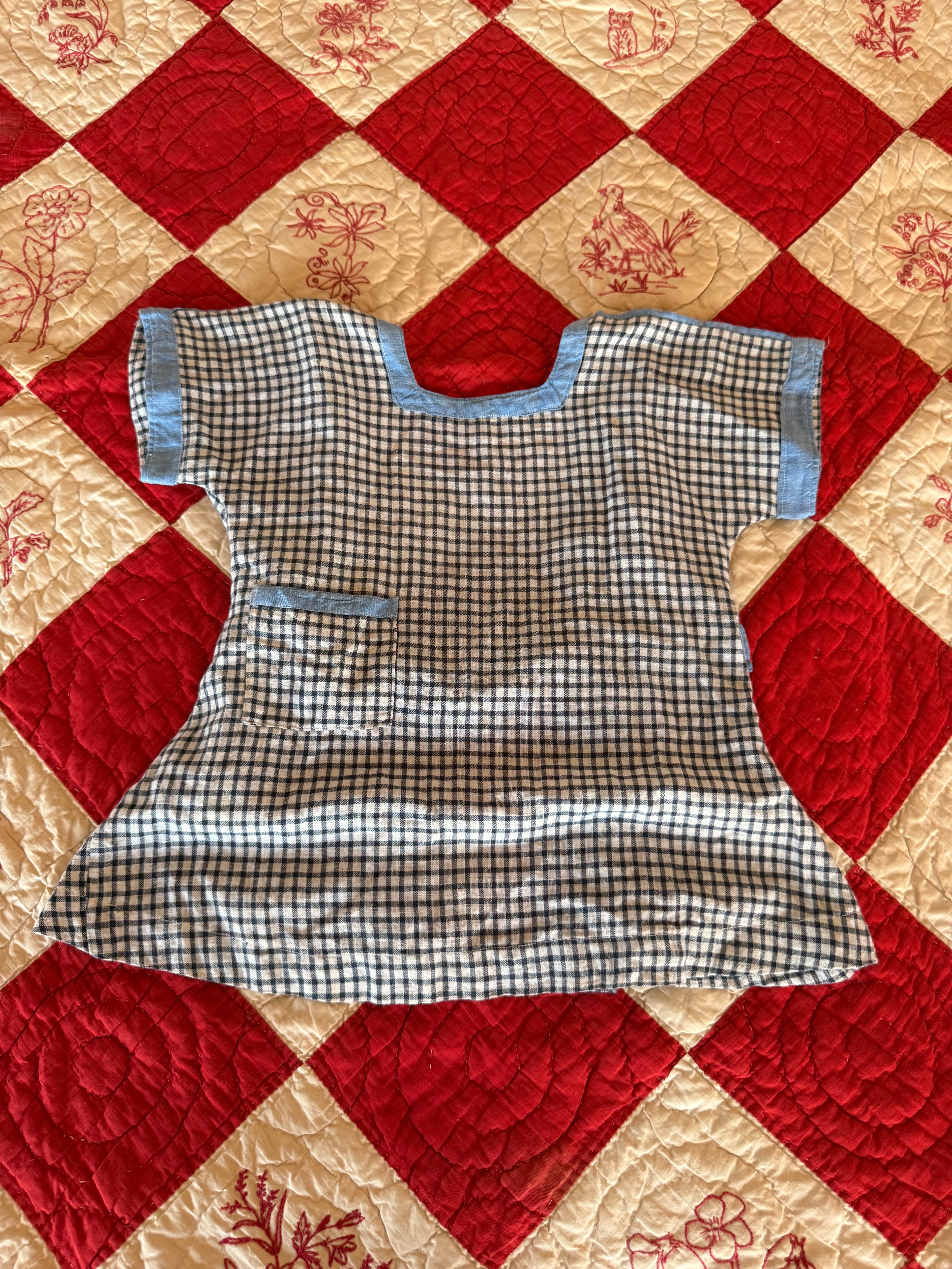 1920s blue checkered apron dress