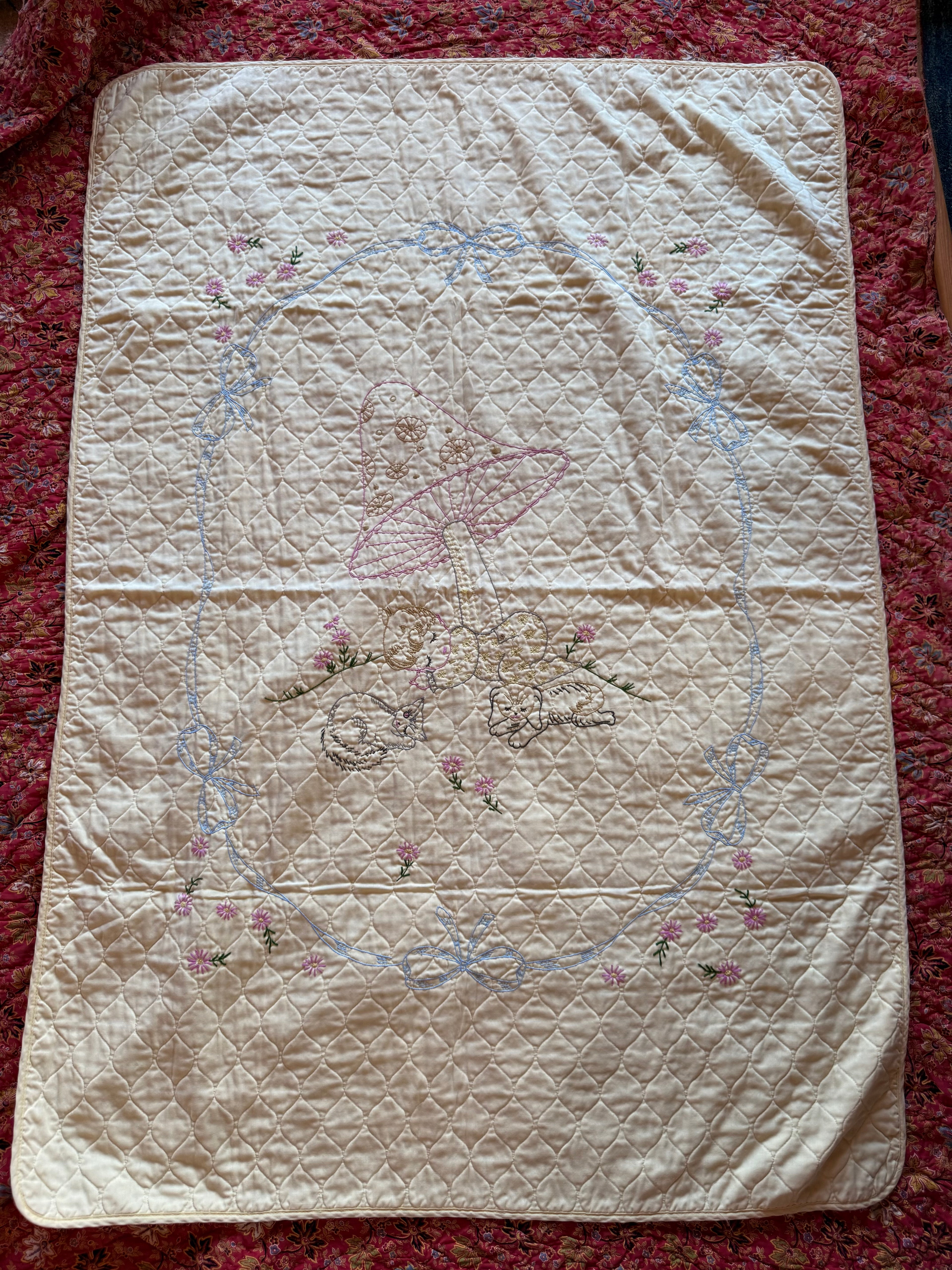 1970s mushroom baby embroidered crib quilt, yellow
