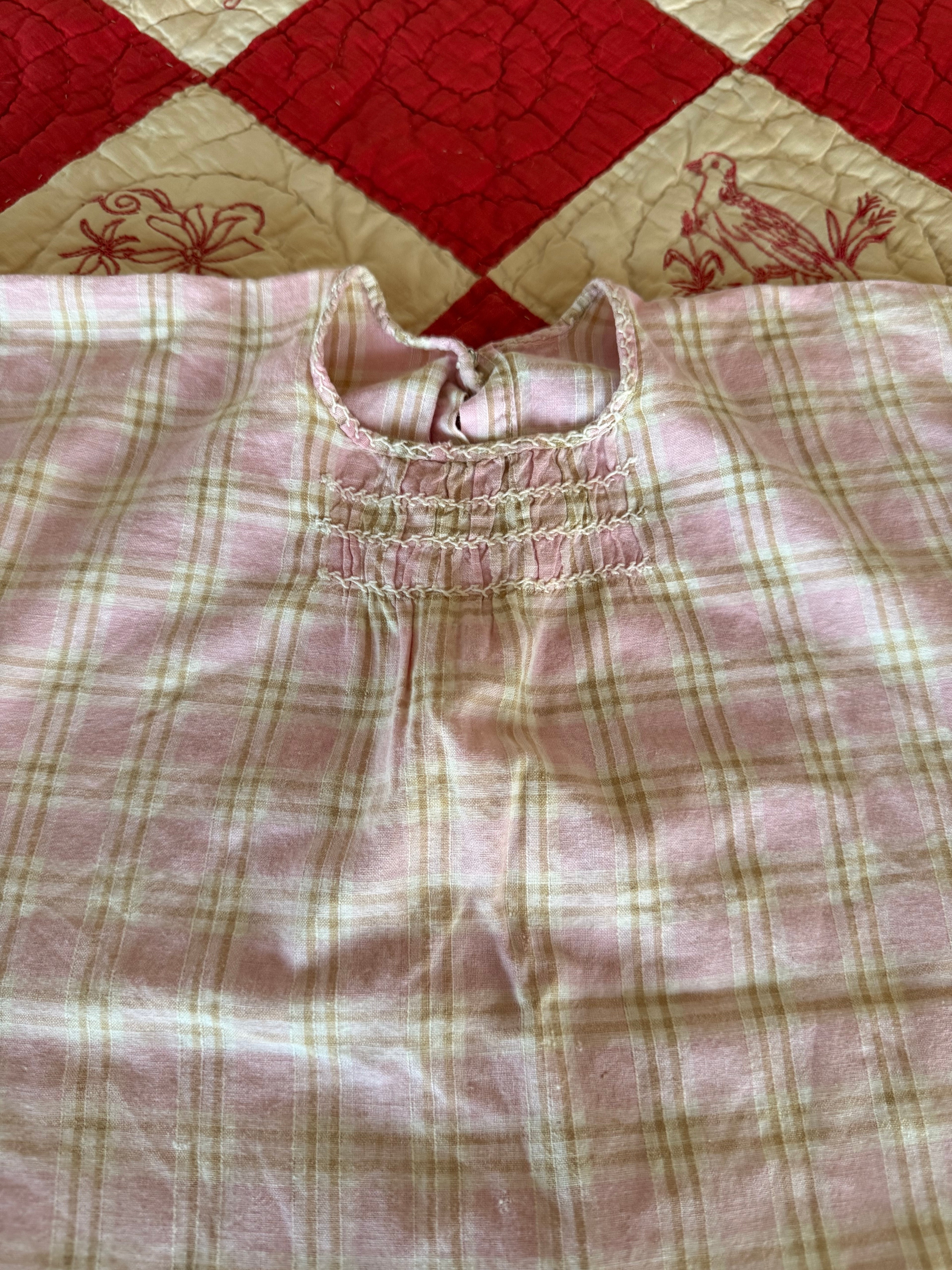 1930s smocked pink plaid romper