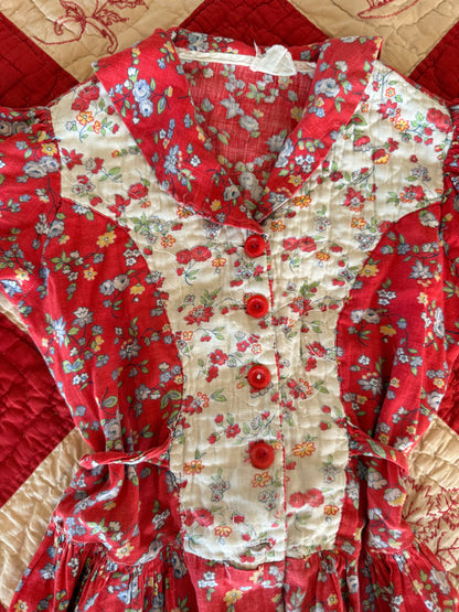 1940s quilted red housecoat dress