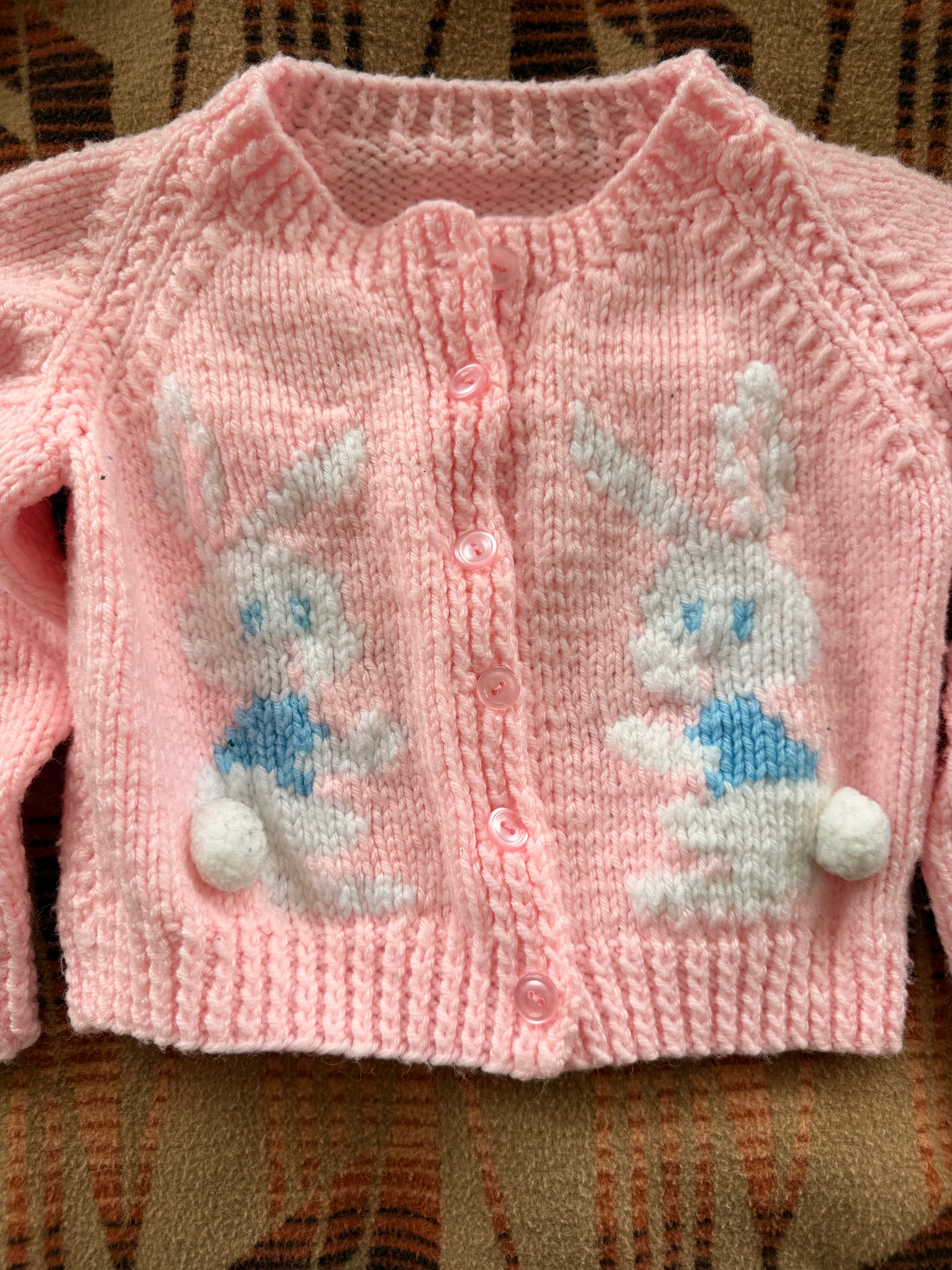 1970s pink wool double bunny cardigan