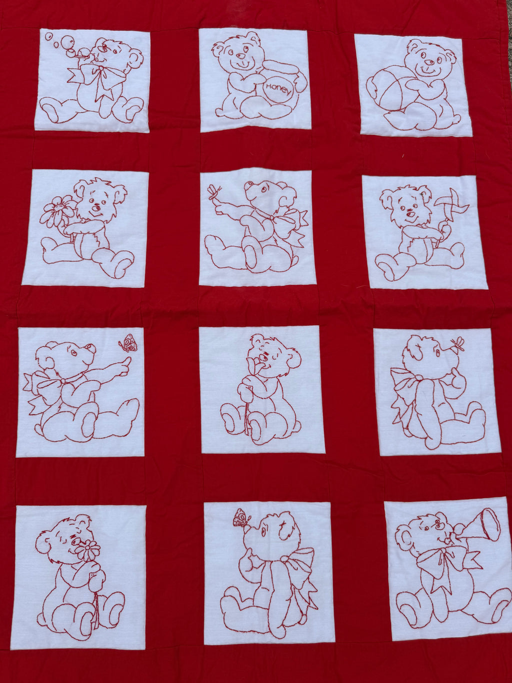 1980s teddy bear redwork crib quilt
