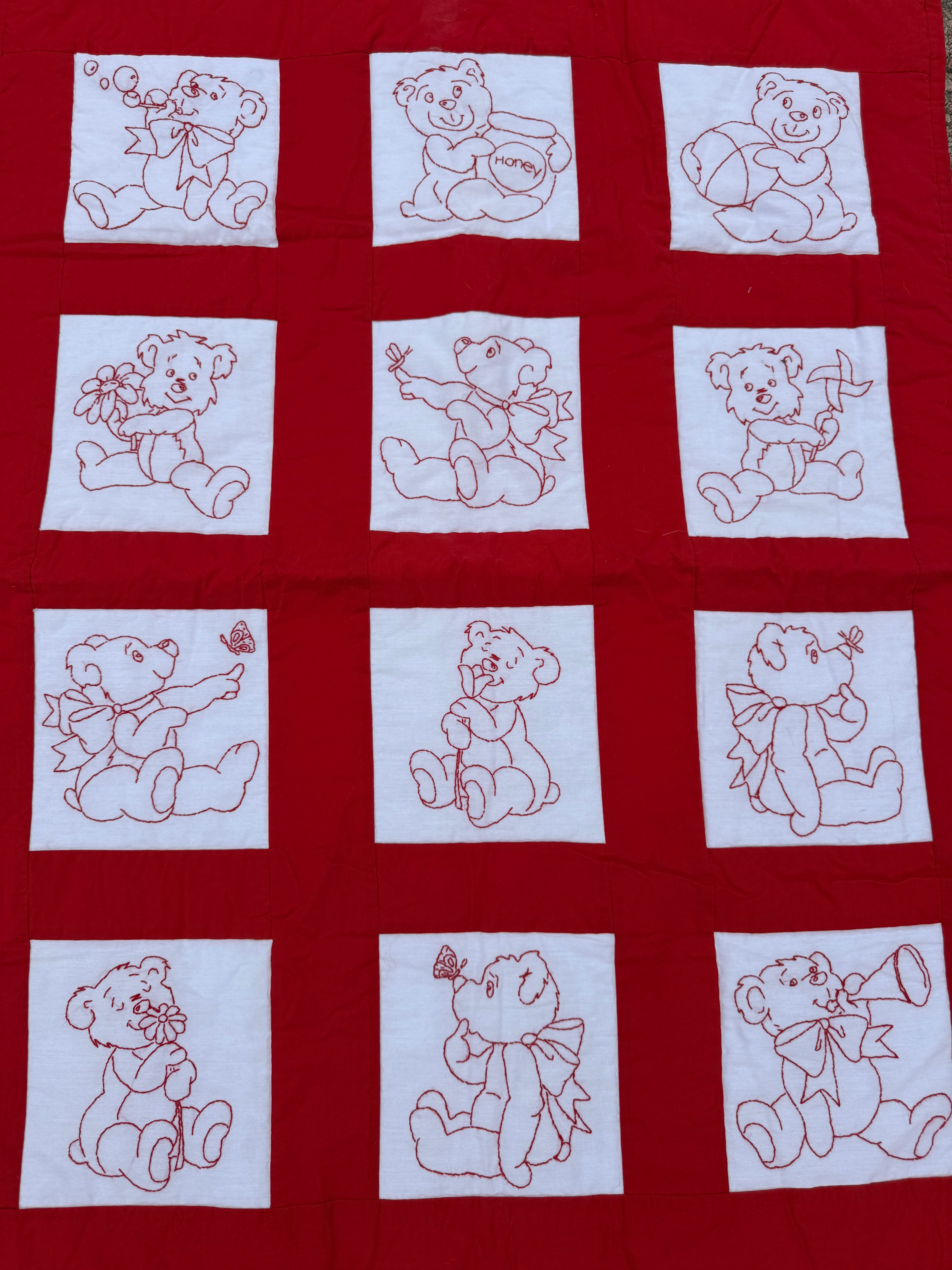 1980s teddy bear redwork crib quilt