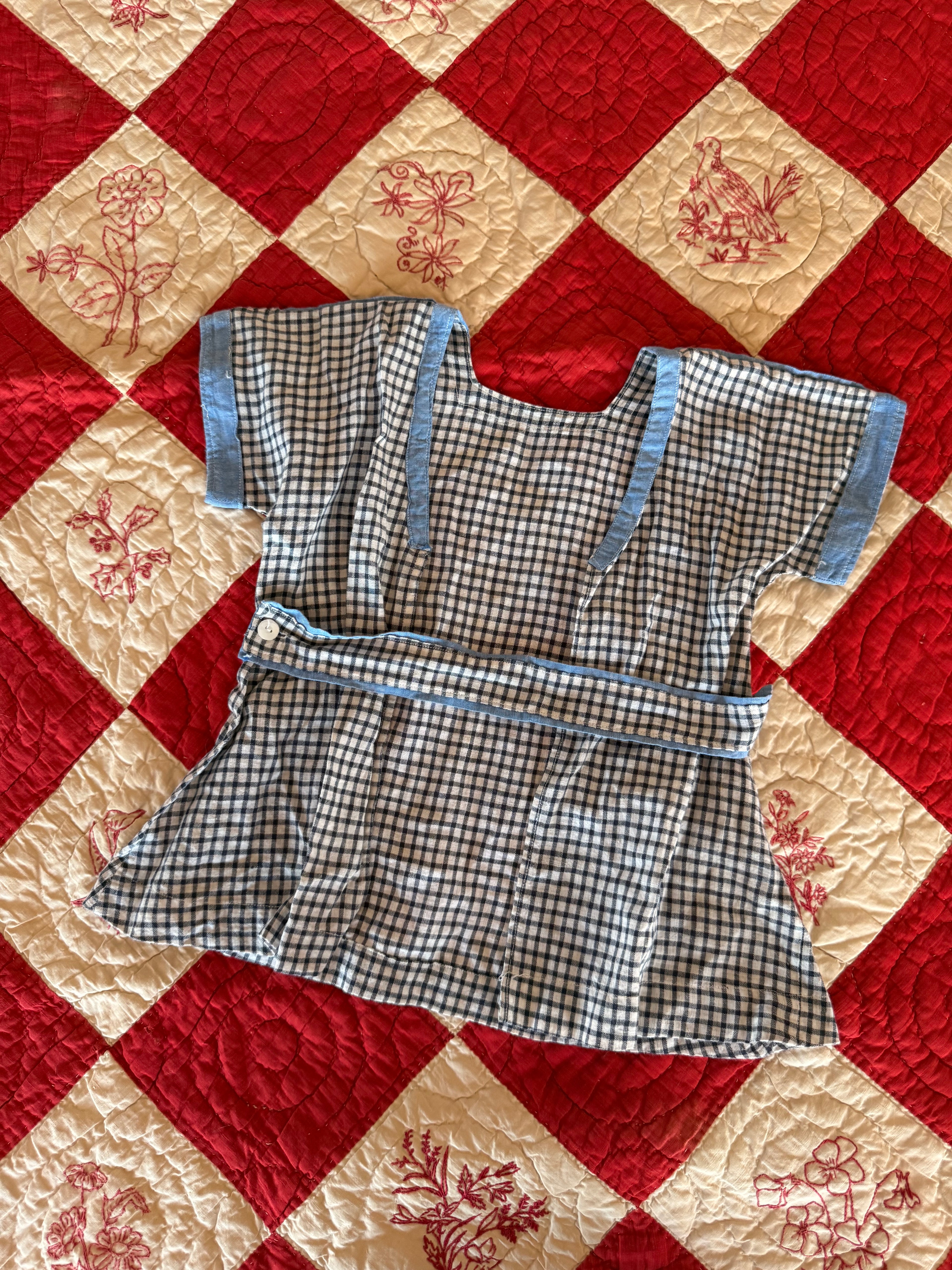 1920s blue checkered apron dress