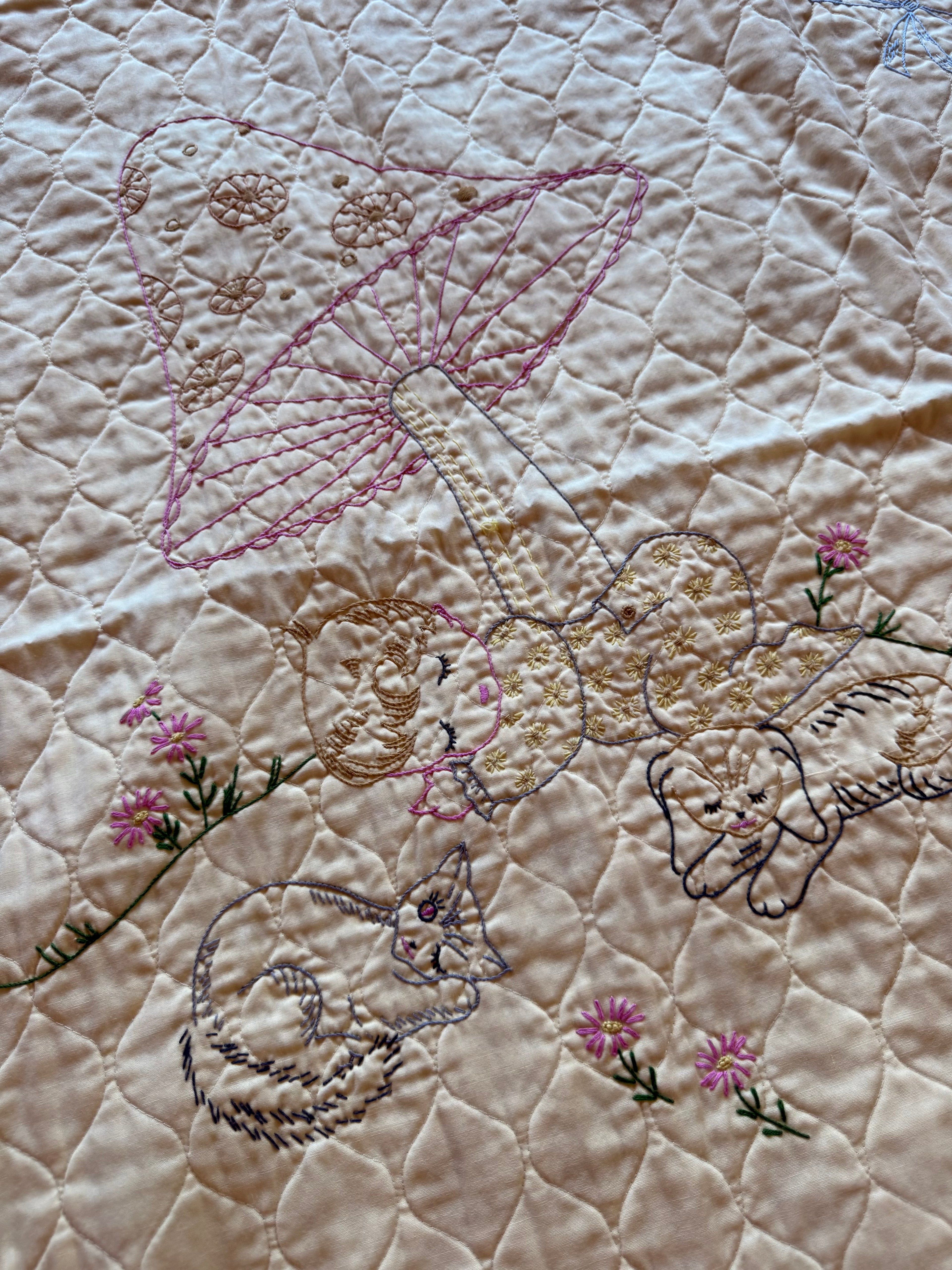 1970s mushroom baby embroidered crib quilt, yellow