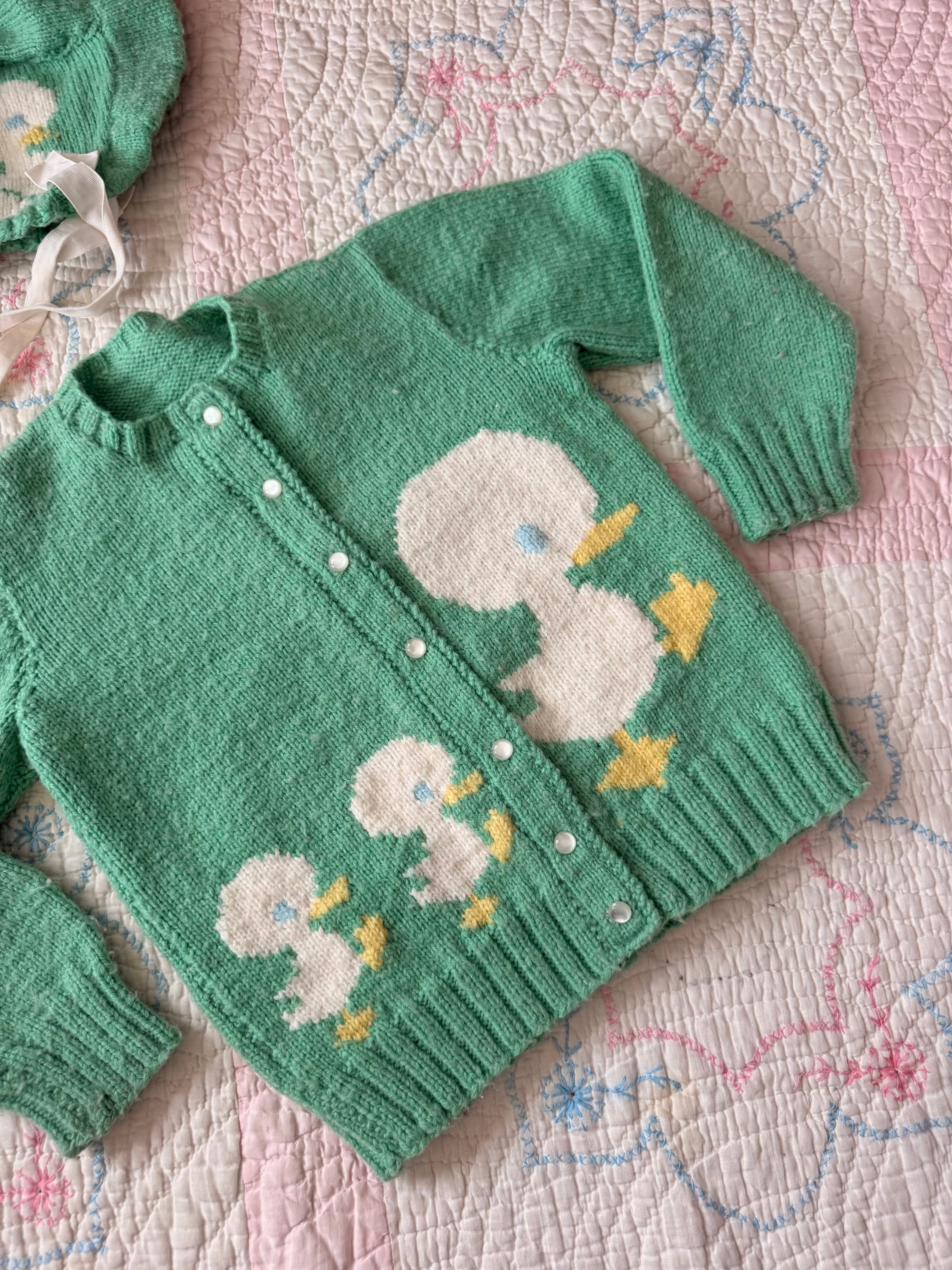 1950s hand knit wool ducky cardigan & bonnet
