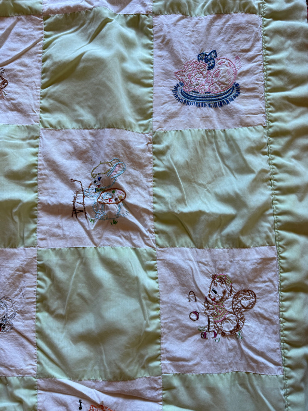 1960s happy little animals embroidered crib quilt