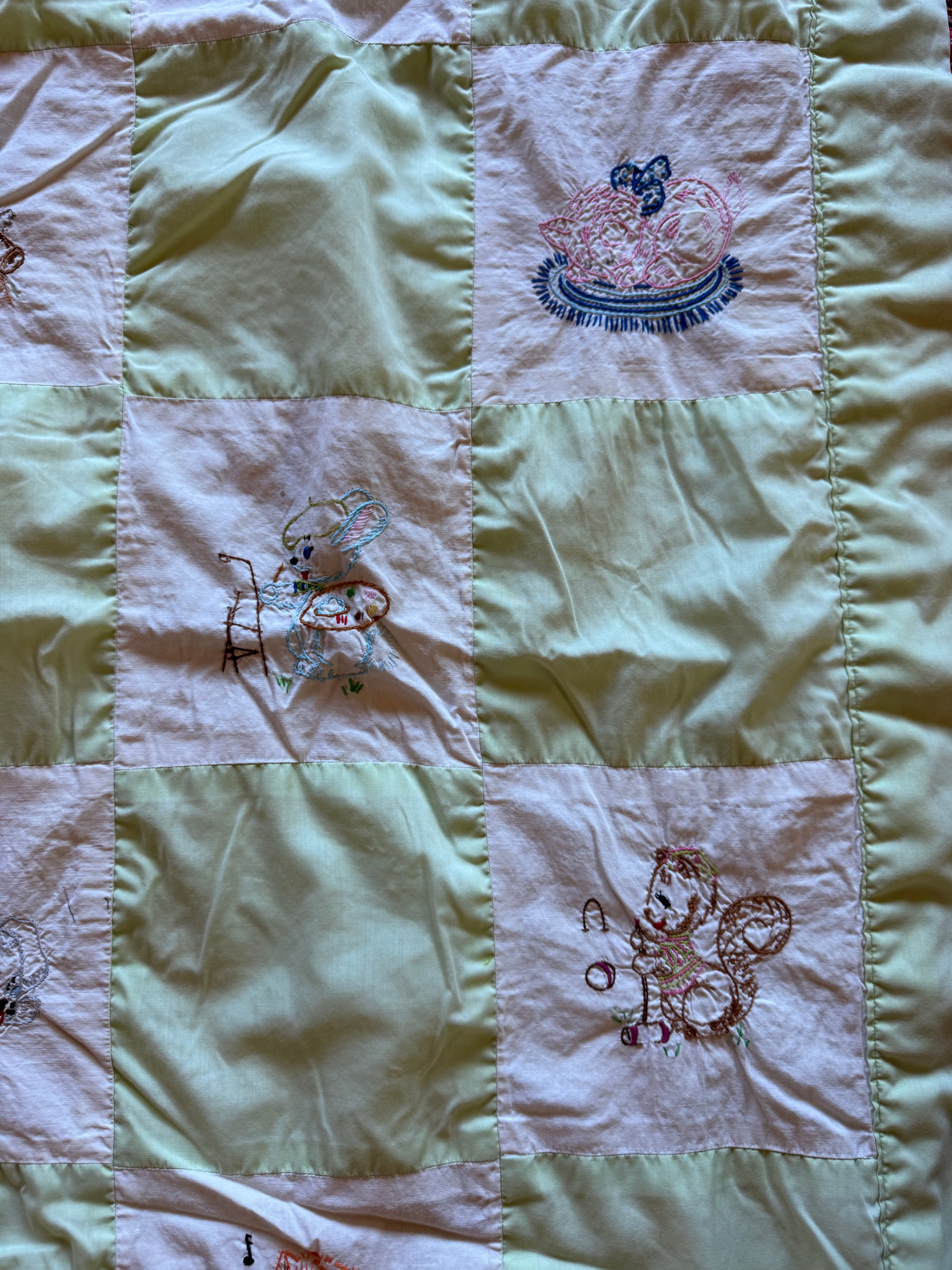 1960s happy little animals embroidered crib quilt