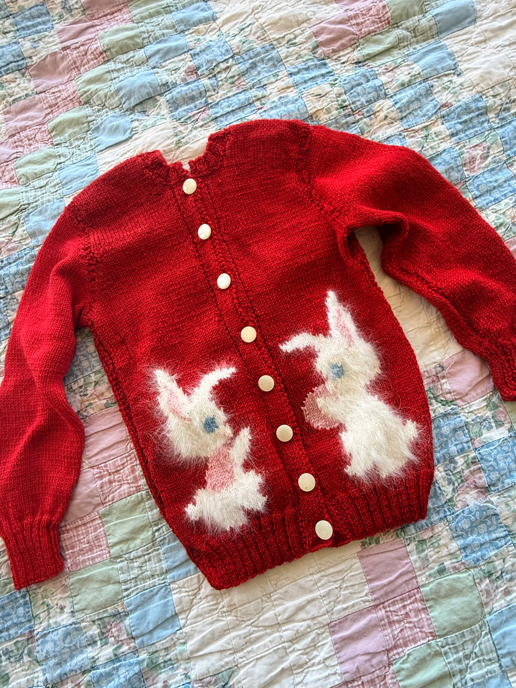 1950s hand knit wool cardigan with angora bunnies