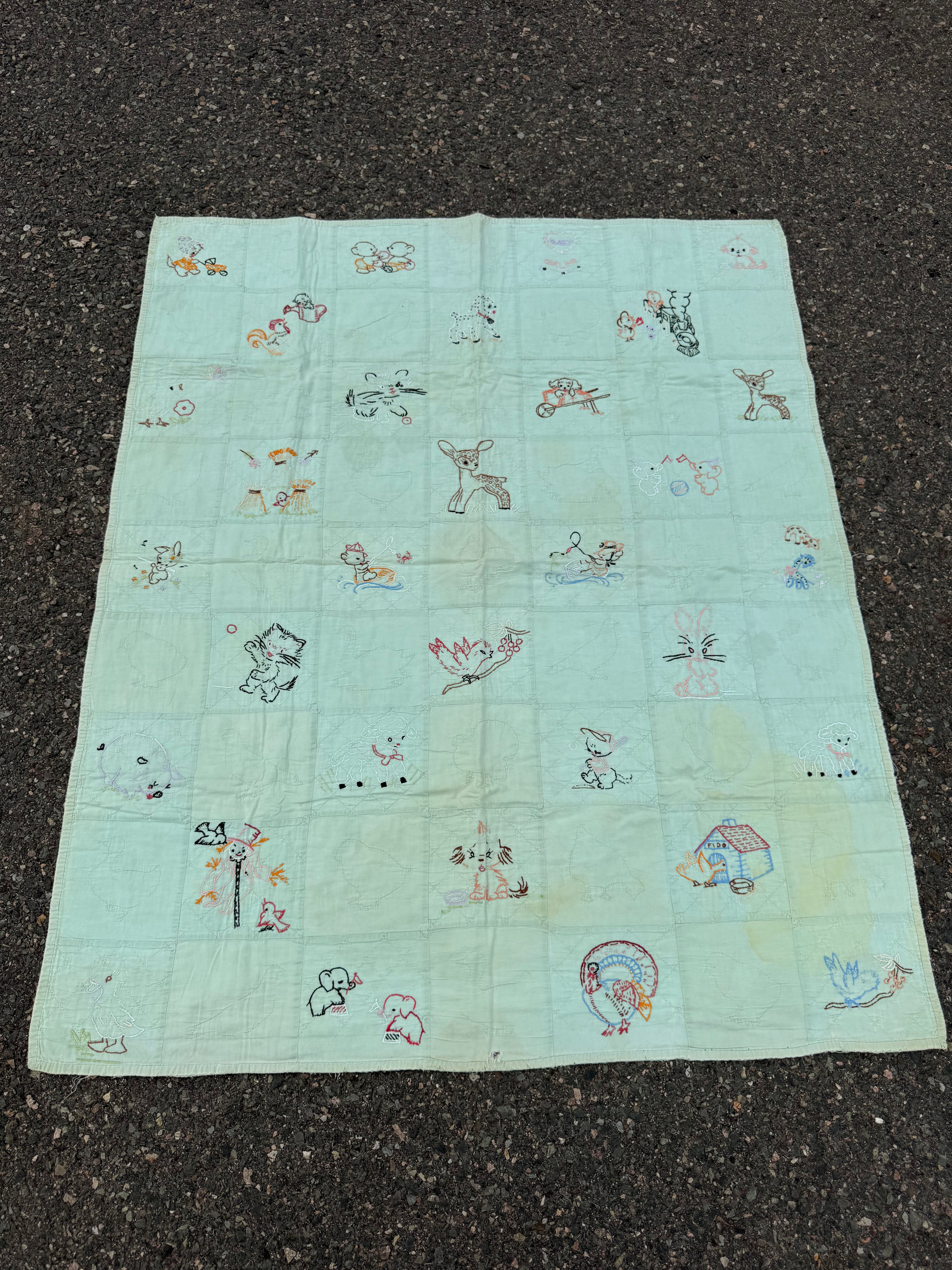 1940s embroidered animal friends crib quilt