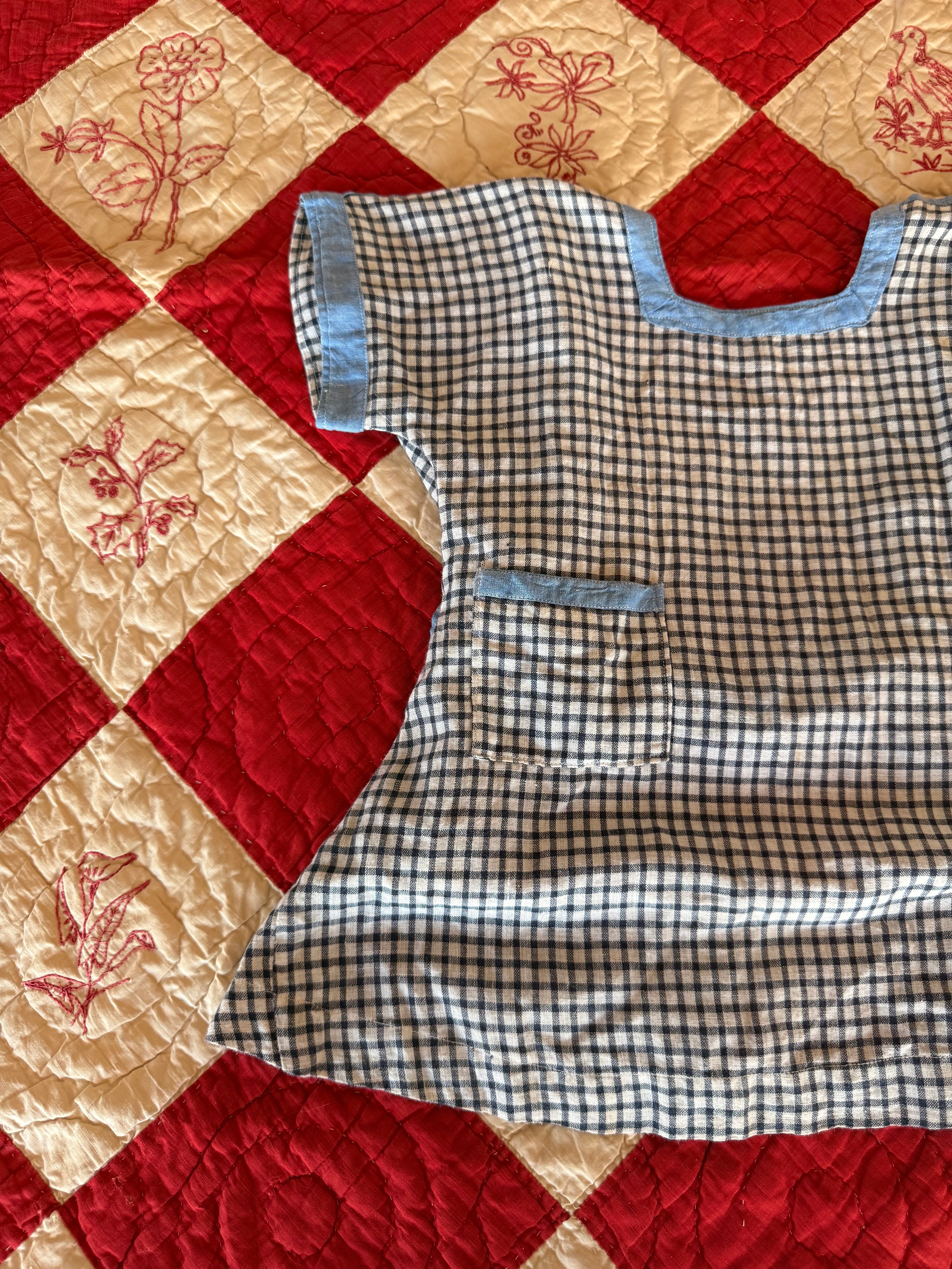 1920s blue checkered apron dress
