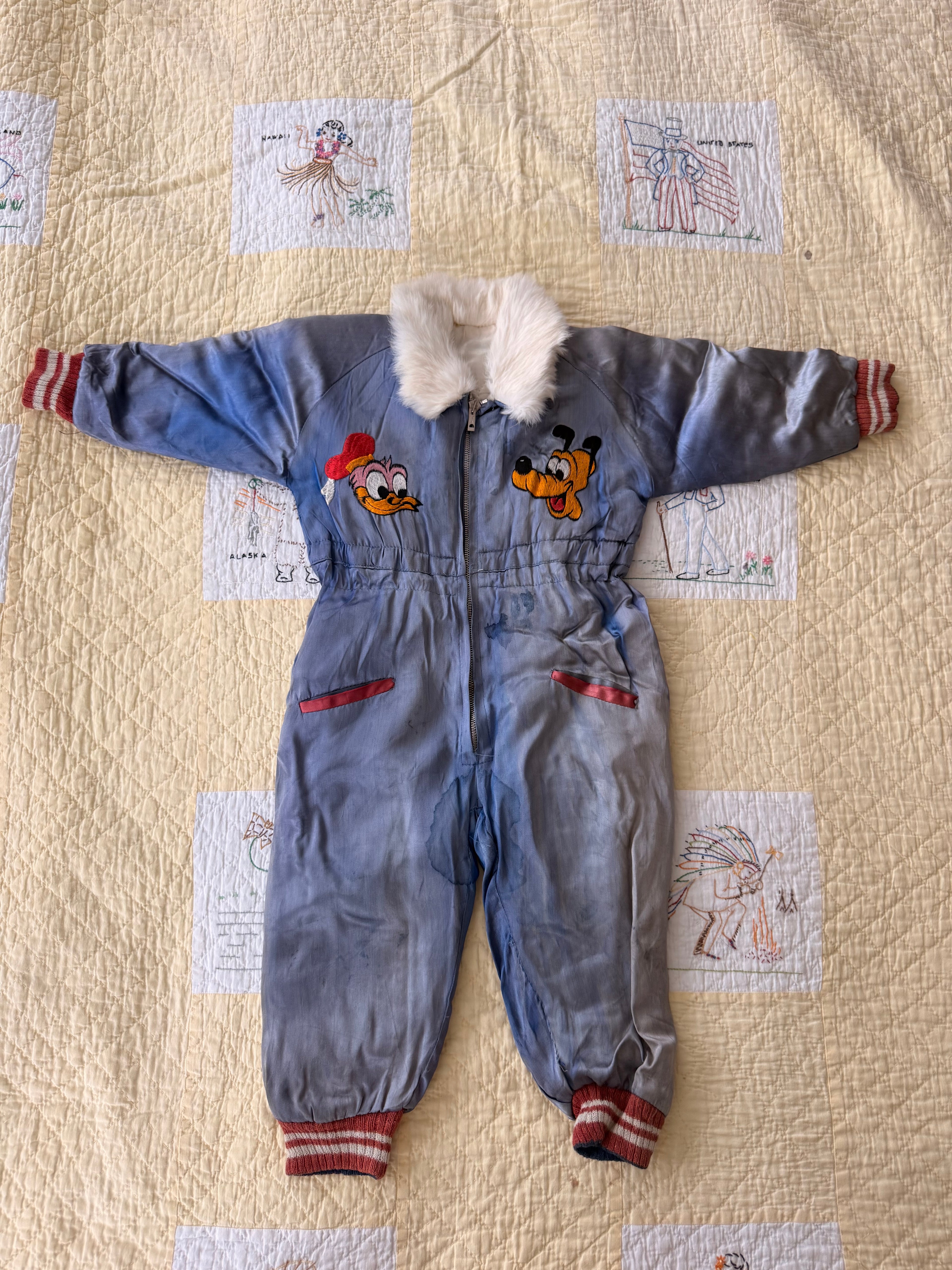 1940s japanese sukajan souvenir snowsuit, pluto & donald duck
