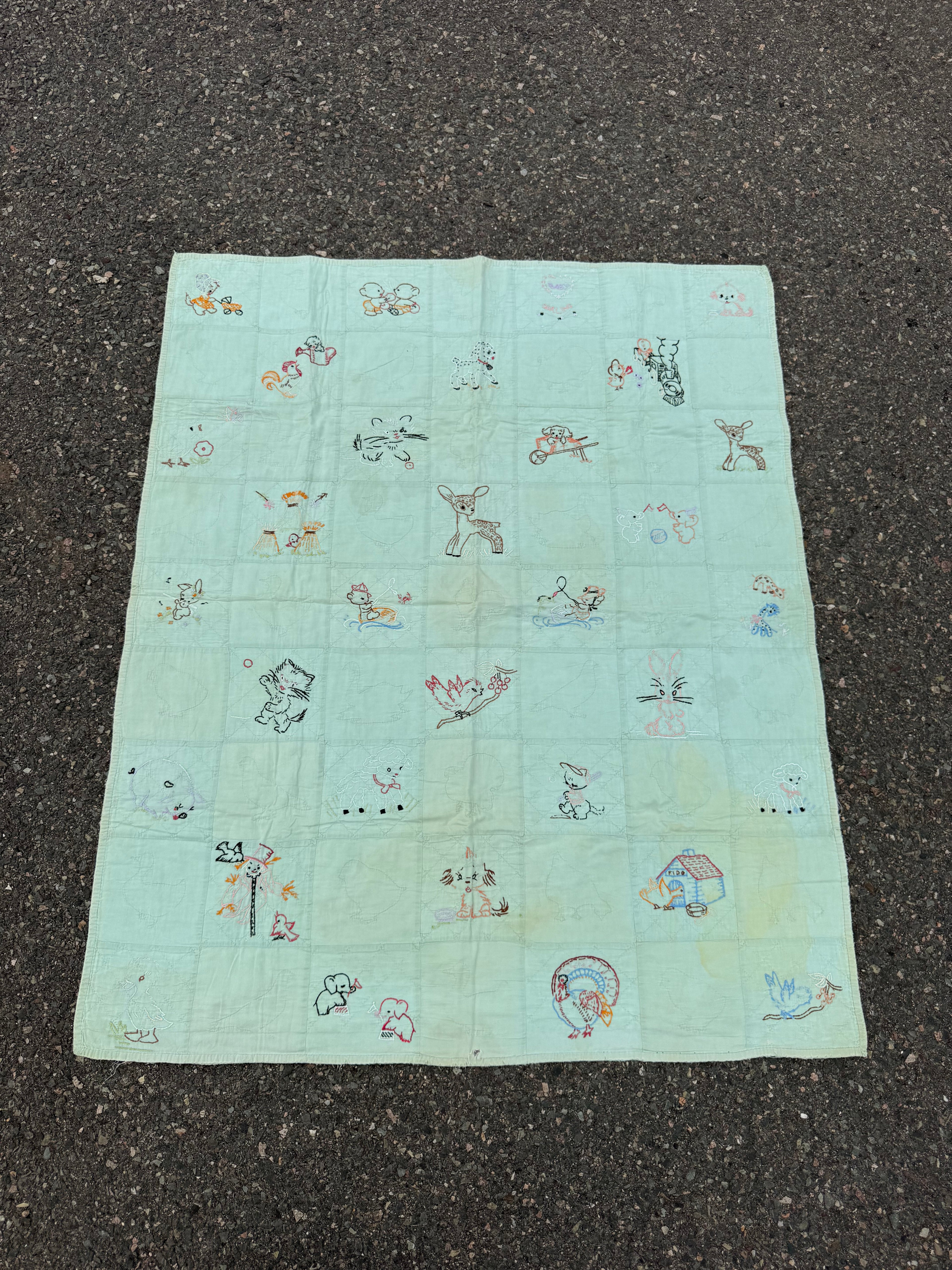 1940s embroidered animal friends crib quilt