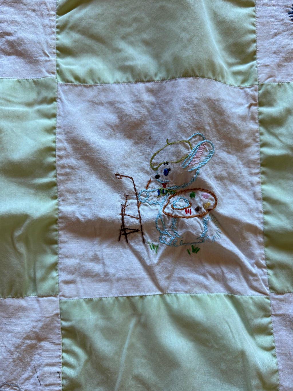 1960s happy little animals embroidered crib quilt