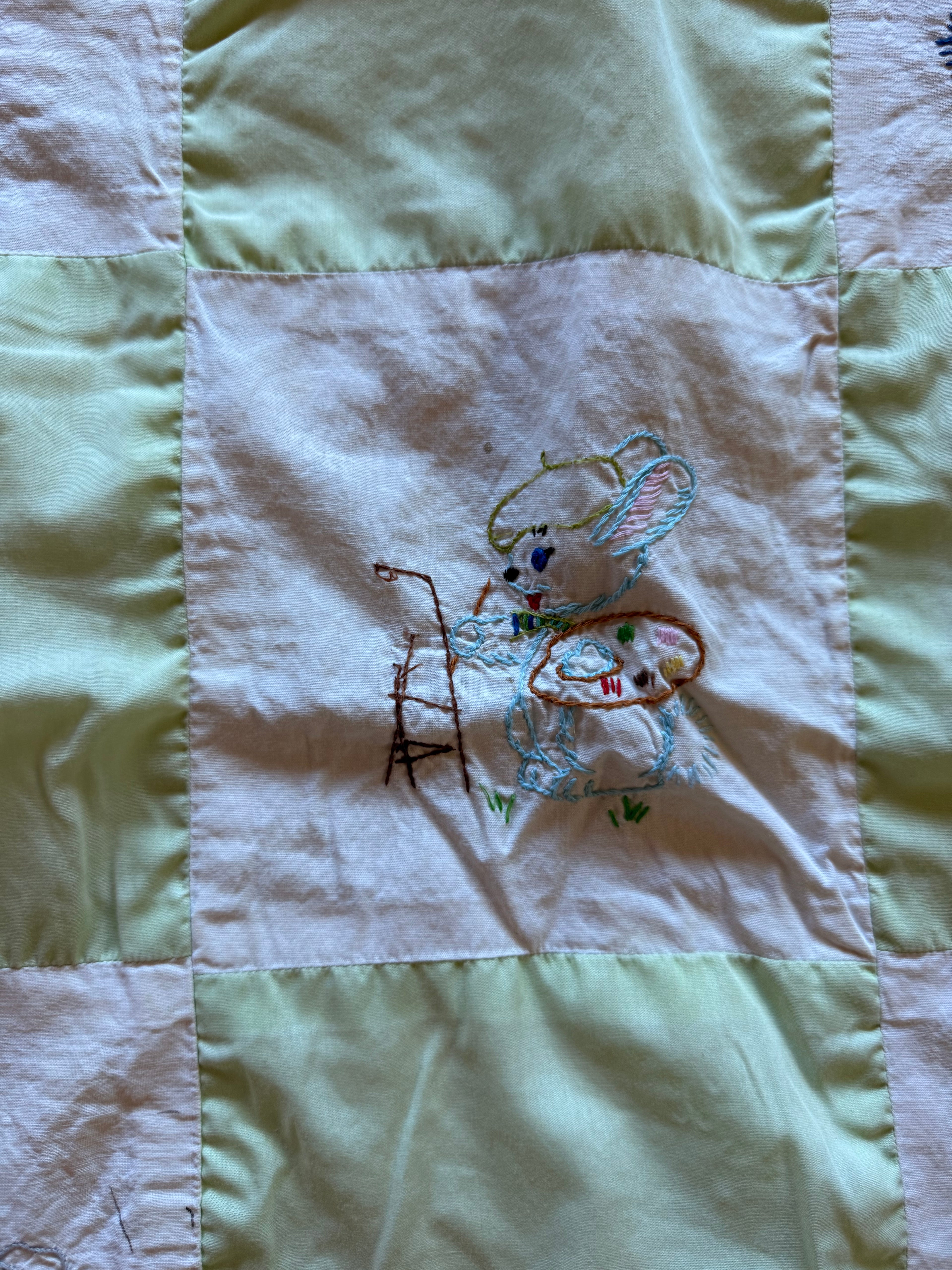 1960s happy little animals embroidered crib quilt